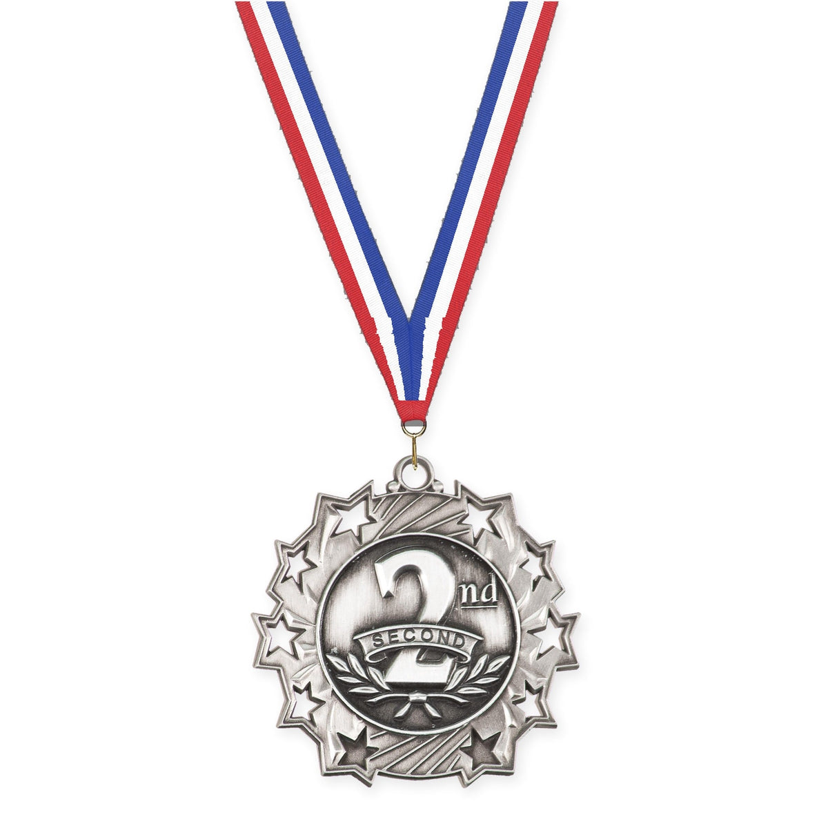 2 1/4 inch Place Ten Star medal in silver - 2nd place with Red White Blue neck ribbon