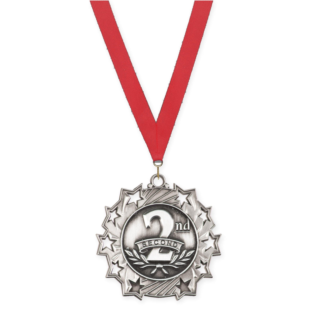 2 1/4 inch Place Ten Star medal in silver - 2nd place with Red neck ribbon