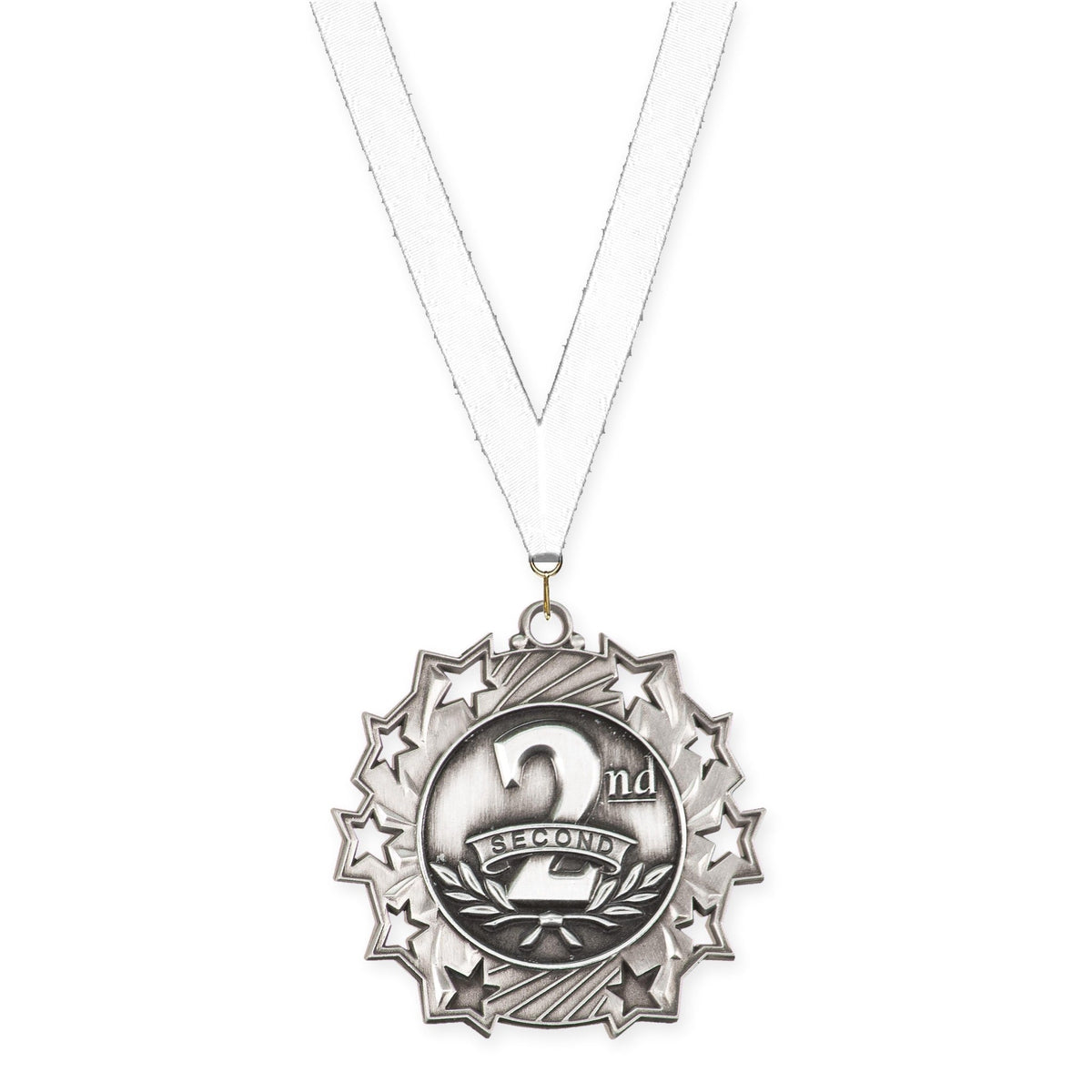 2 1/4 inch Place Ten Star medal in silver - 2nd place with White neck ribbon