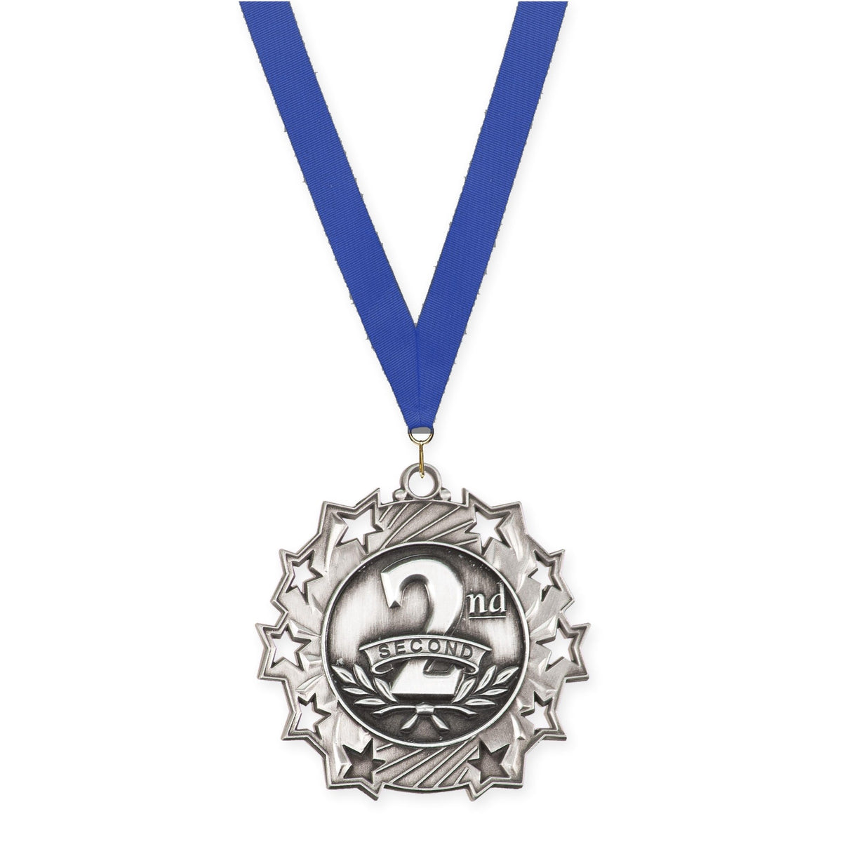 2 1/4 inch Place Ten Star medal in silver - 2nd place with Blue neck ribbon