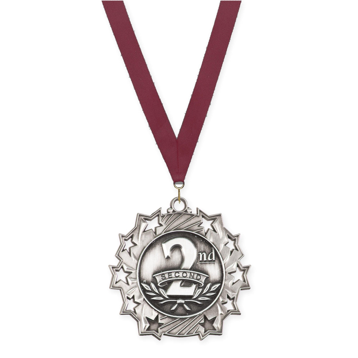2 1/4 inch Place Ten Star medal in silver - 2nd place with Maroon neck ribbon
