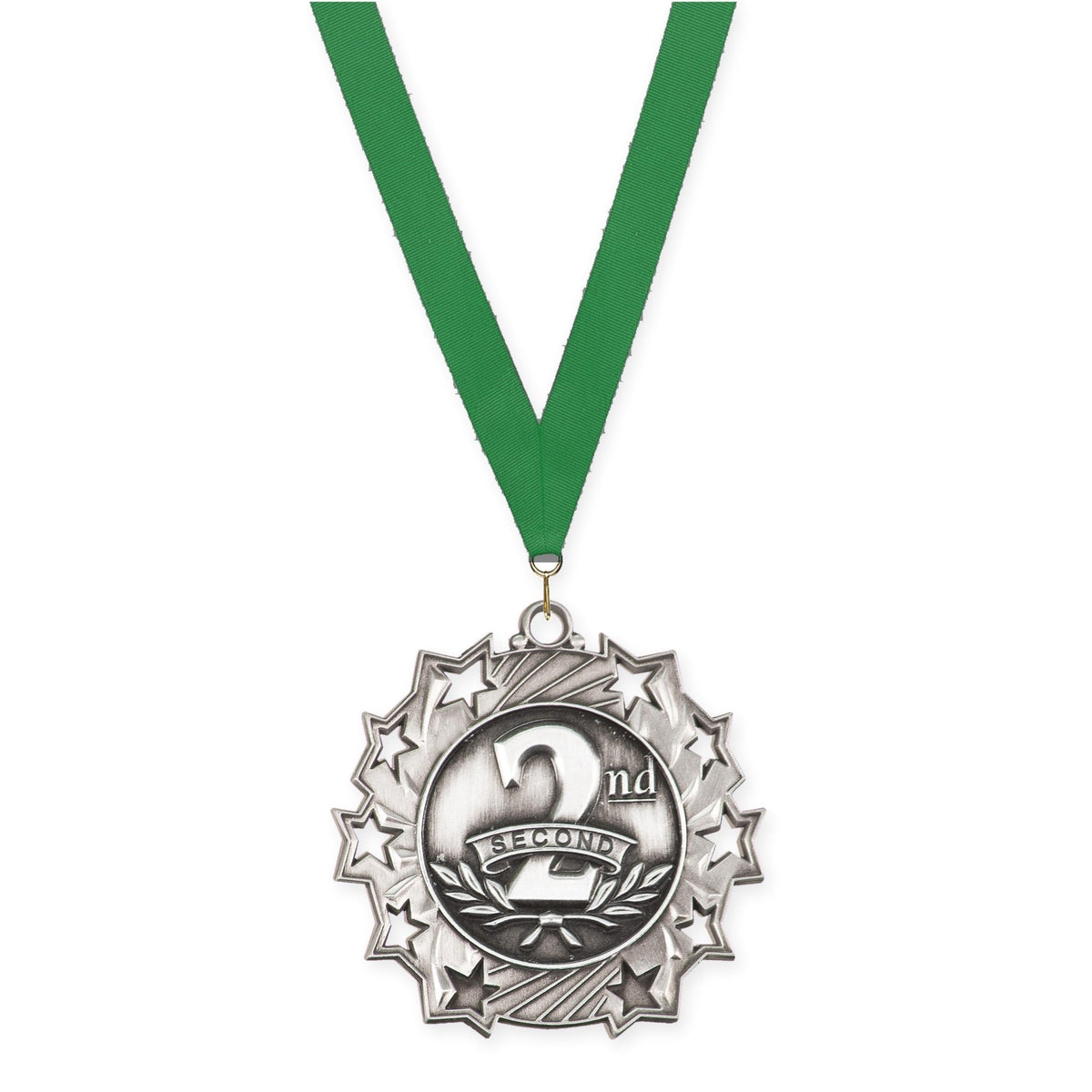 2 1/4 inch Place Ten Star medal in silver - 2nd place with Green neck ribbon