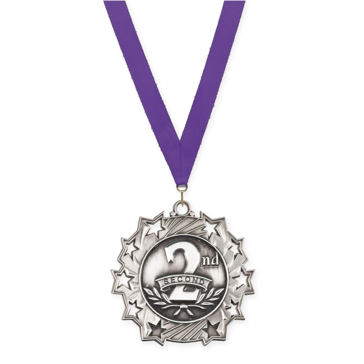 2 1/4 inch Place Ten Star medal in silver - 2nd place with Purple neck ribbon