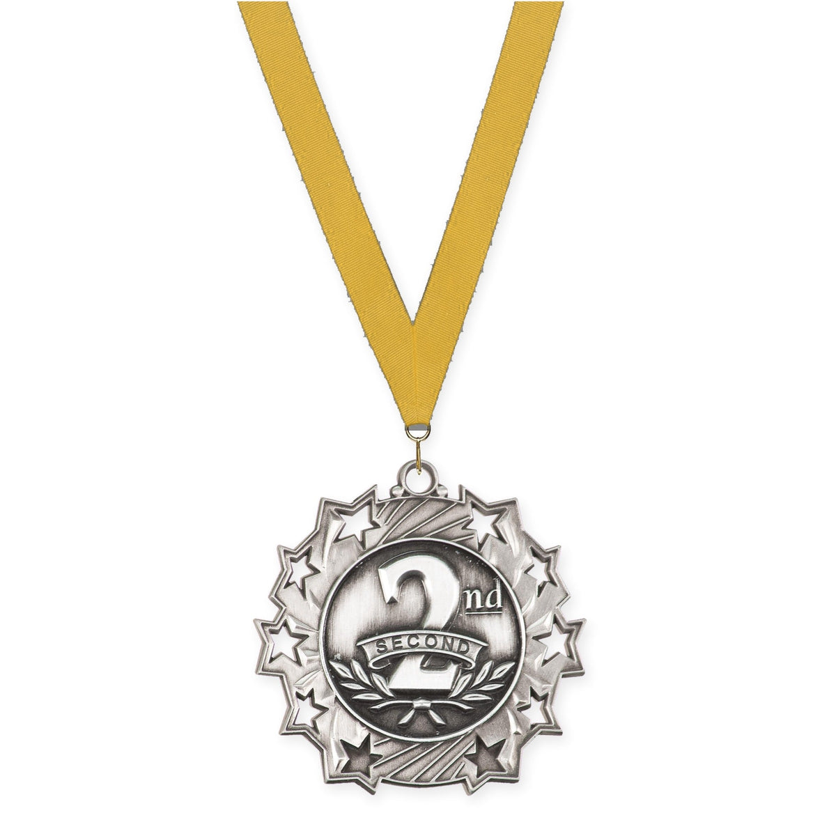 2 1/4 inch Place Ten Star medal in silver - 2nd place with Gold neck ribbon