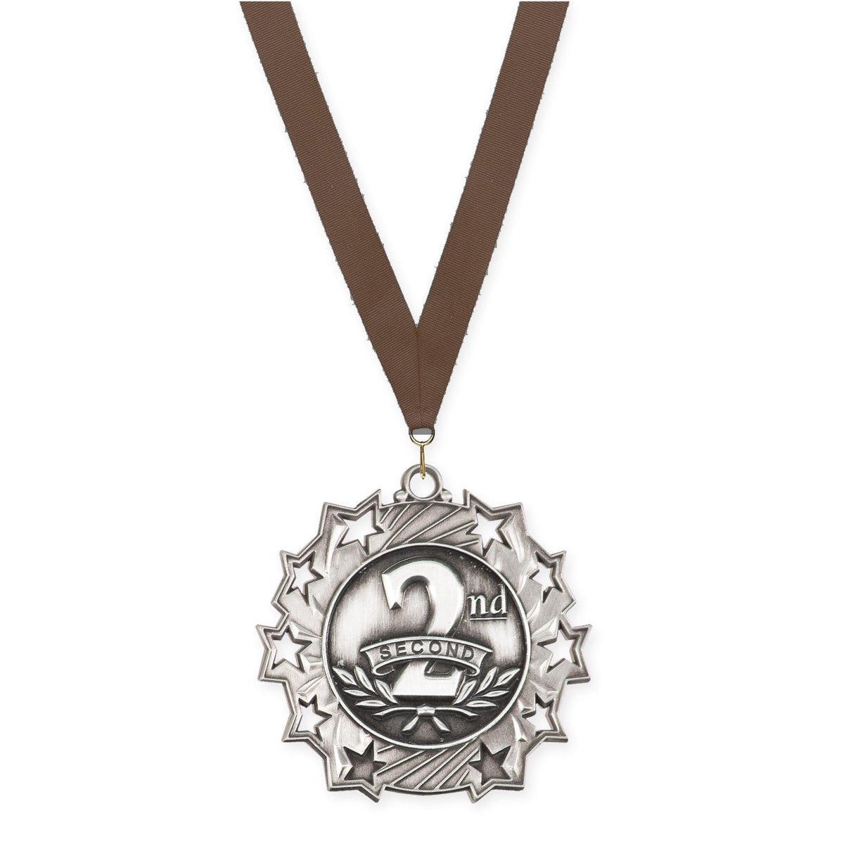 2 1/4 inch Place Ten Star medal in silver - 2nd place with Brown neck ribbon