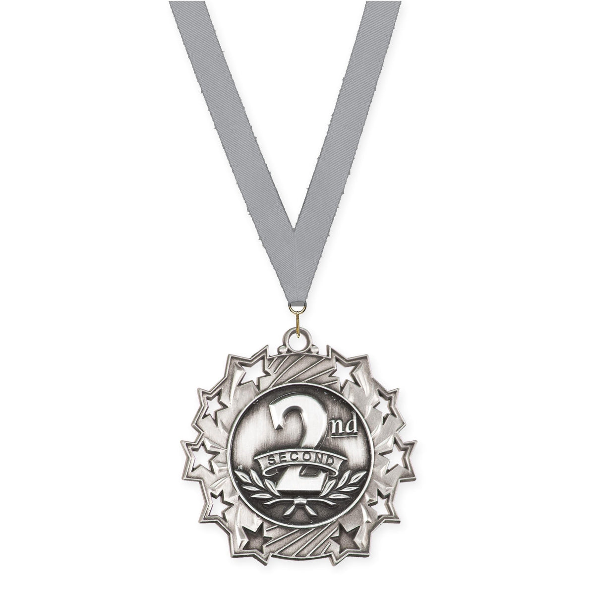 2 1/4 inch Place Ten Star medal in silver - 2nd place with Gray neck ribbon