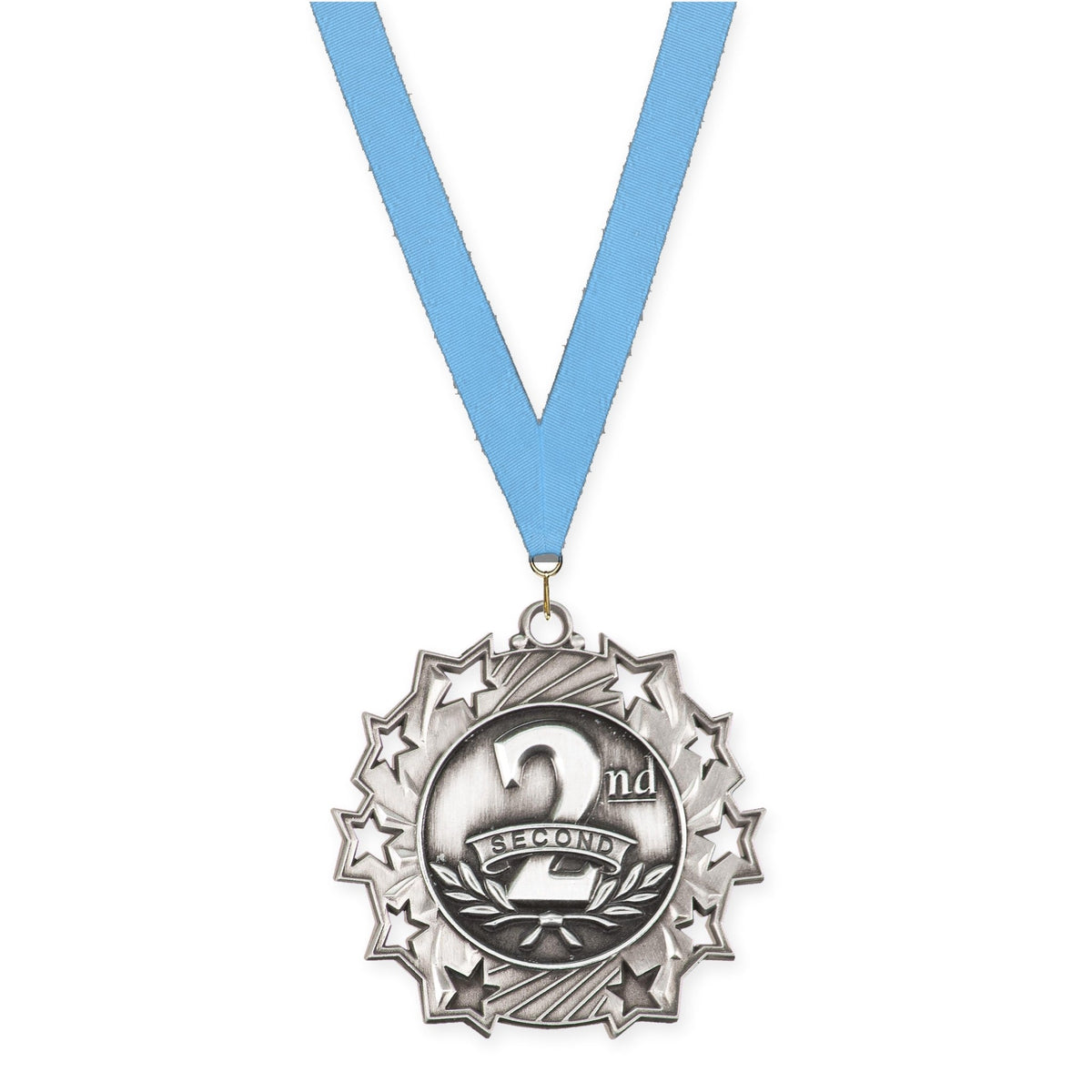 2 1/4 inch Place Ten Star medal in silver - 2nd place with Light Blue neck ribbon
