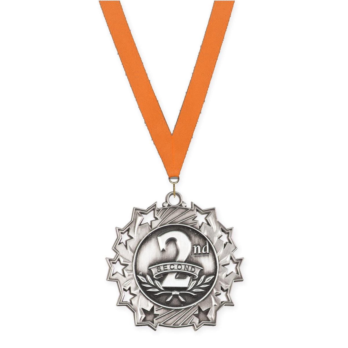2 1/4 inch Place Ten Star medal in silver - 2nd place with Orange neck ribbon
