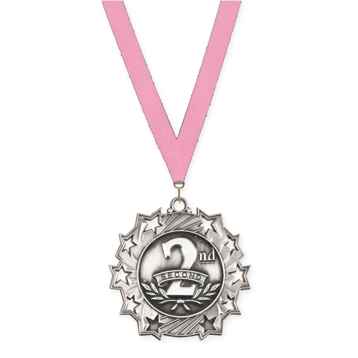 2 1/4 inch Place Ten Star medal in silver - 2nd place with Pink neck ribbon