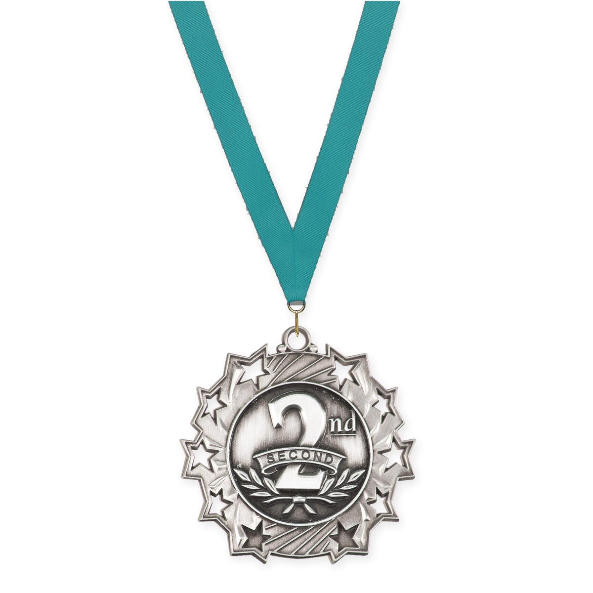 2 1/4 inch Place Ten Star medal in silver - 2nd place with Teal neck ribbon