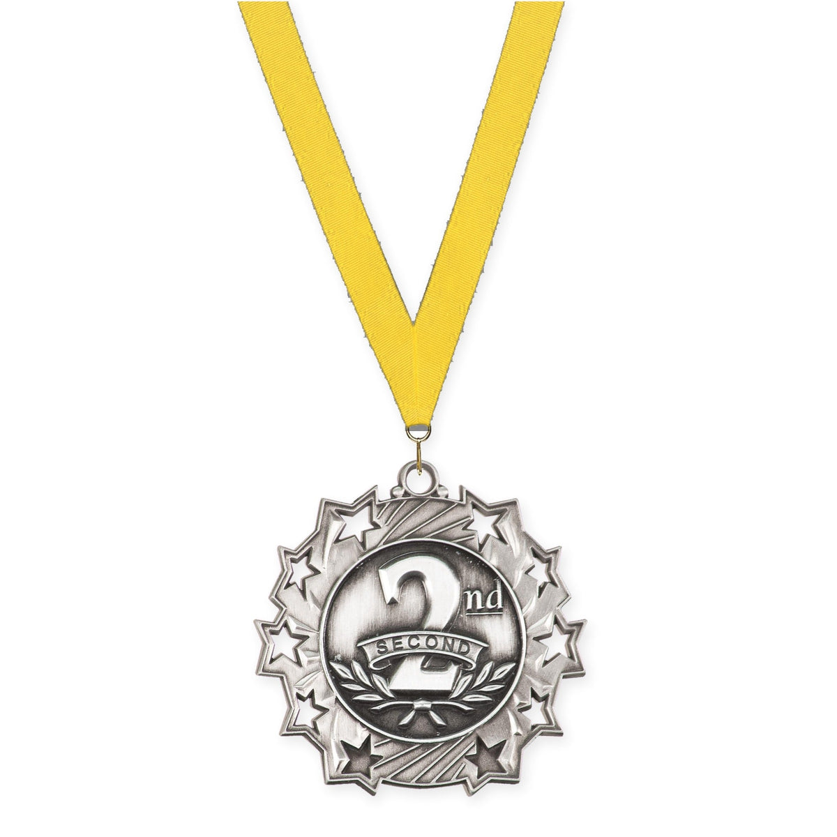 2 1/4 inch Place Ten Star medal in silver - 2nd place with Yellow neck ribbon