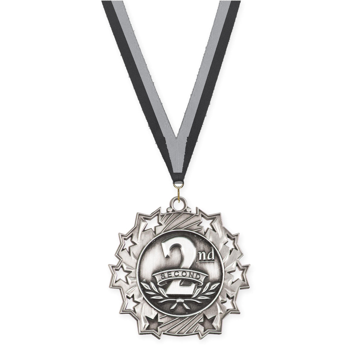 2 1/4 inch Place Ten Star medal in silver - 2nd place with Black Gray neck ribbon