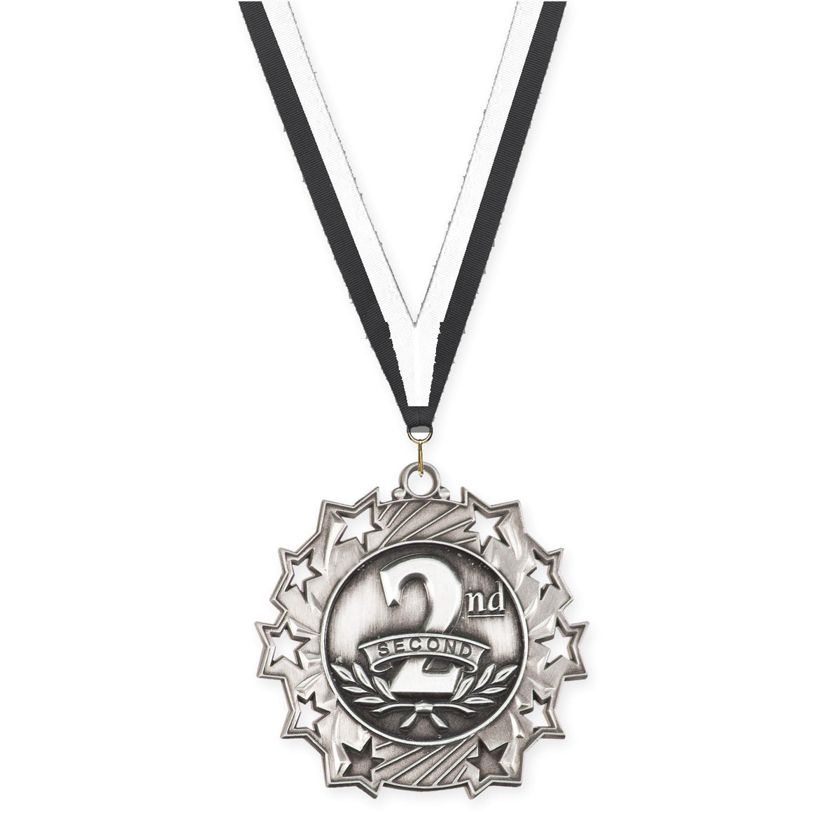 2 1/4 inch Place Ten Star medal in silver - 2nd place with Black White neck ribbon