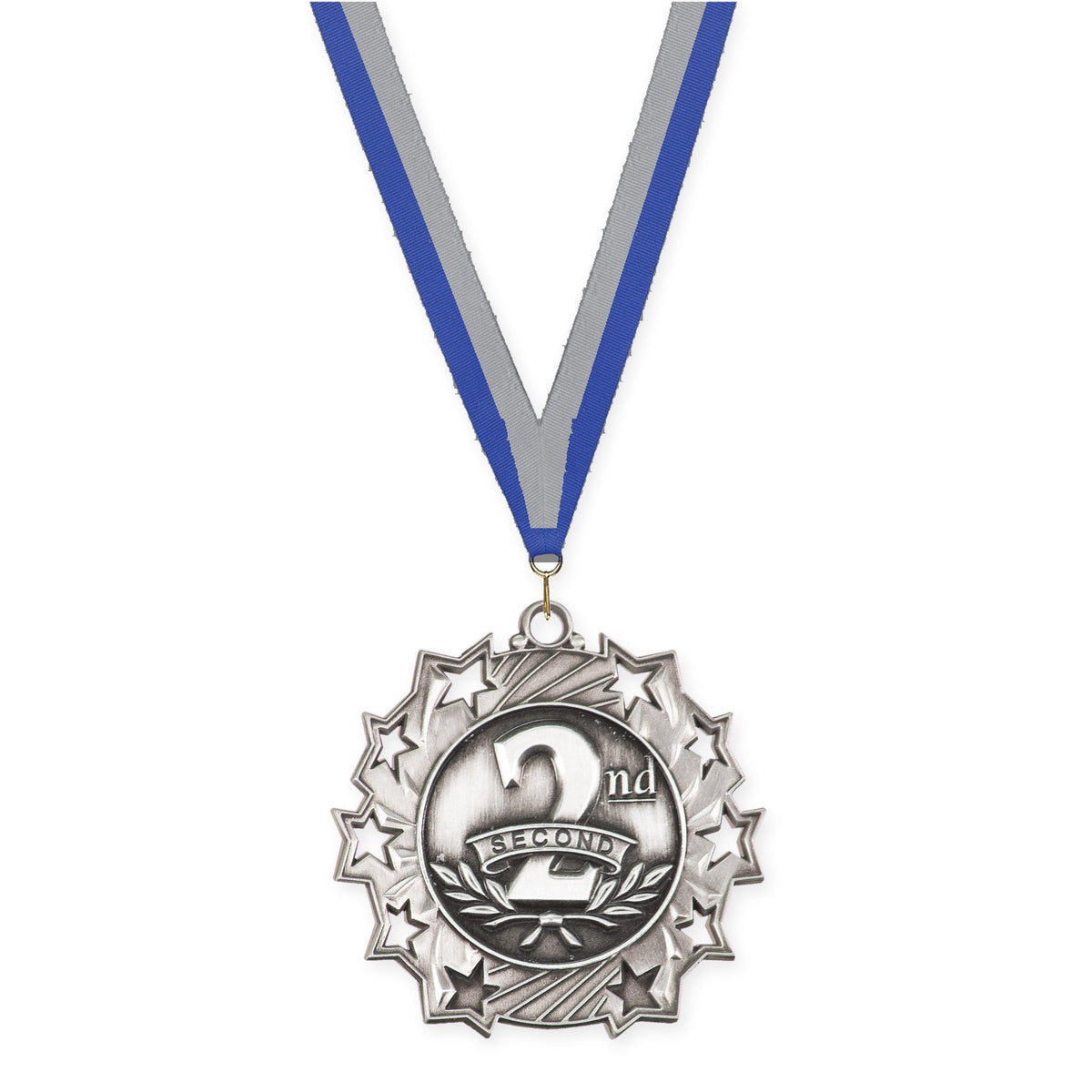 2 1/4 inch Place Ten Star medal in silver - 2nd place with Blue Gray neck ribbon