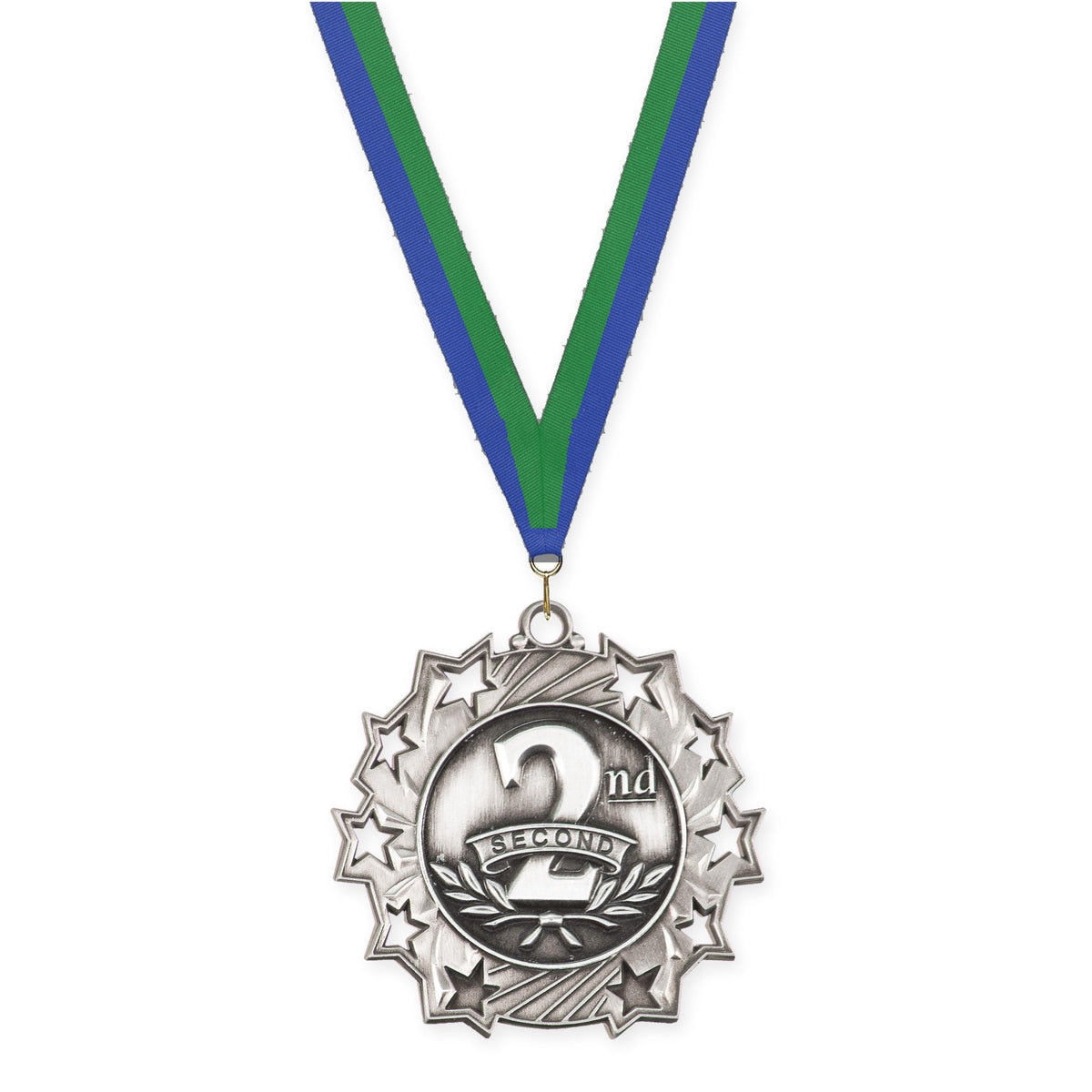 2 1/4 inch Place Ten Star medal in silver - 2nd place with Blue Green neck ribbon