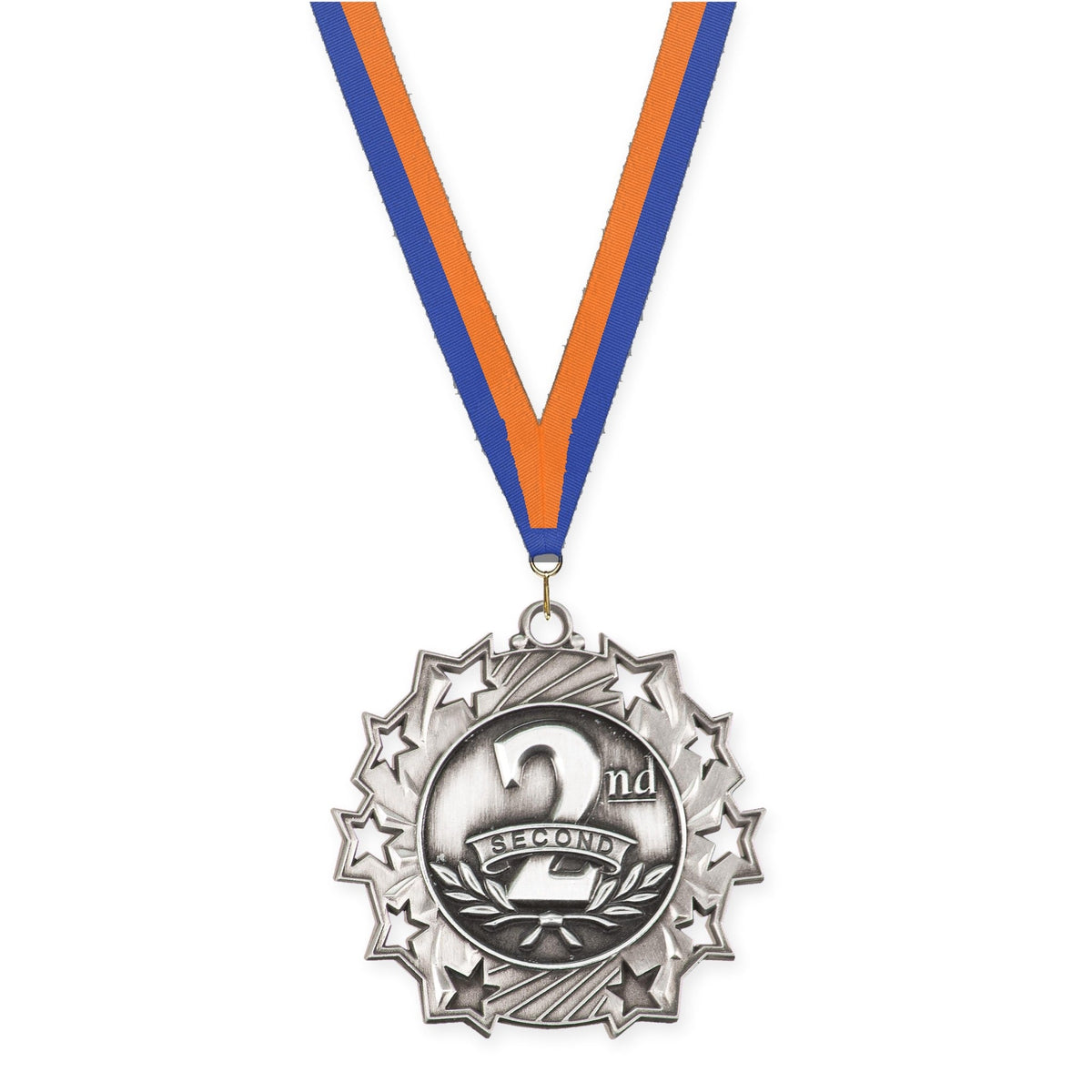 2 1/4 inch Place Ten Star medal in silver - 2nd place with Blue Orange neck ribbon
