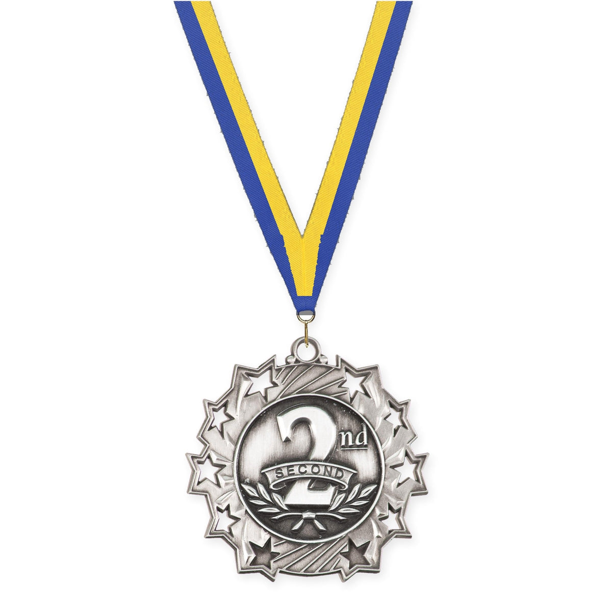2 1/4 inch Place Ten Star medal in silver - 2nd place with Blue Yellow neck ribbon