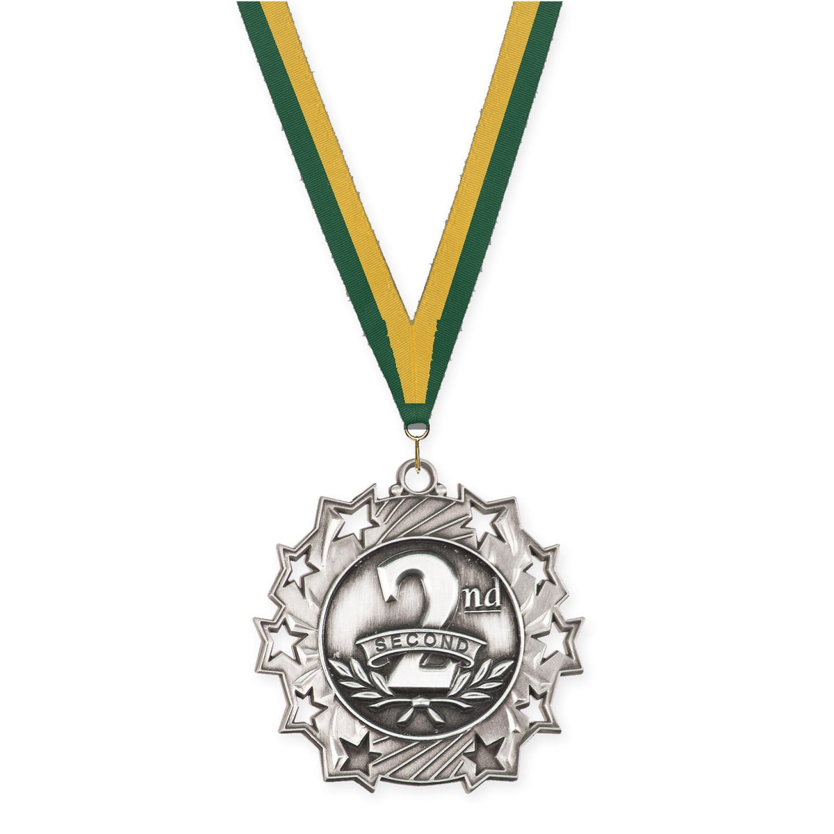 2 1/4 inch Place Ten Star medal in silver - 2nd place with Hunter Green Gold neck ribbon