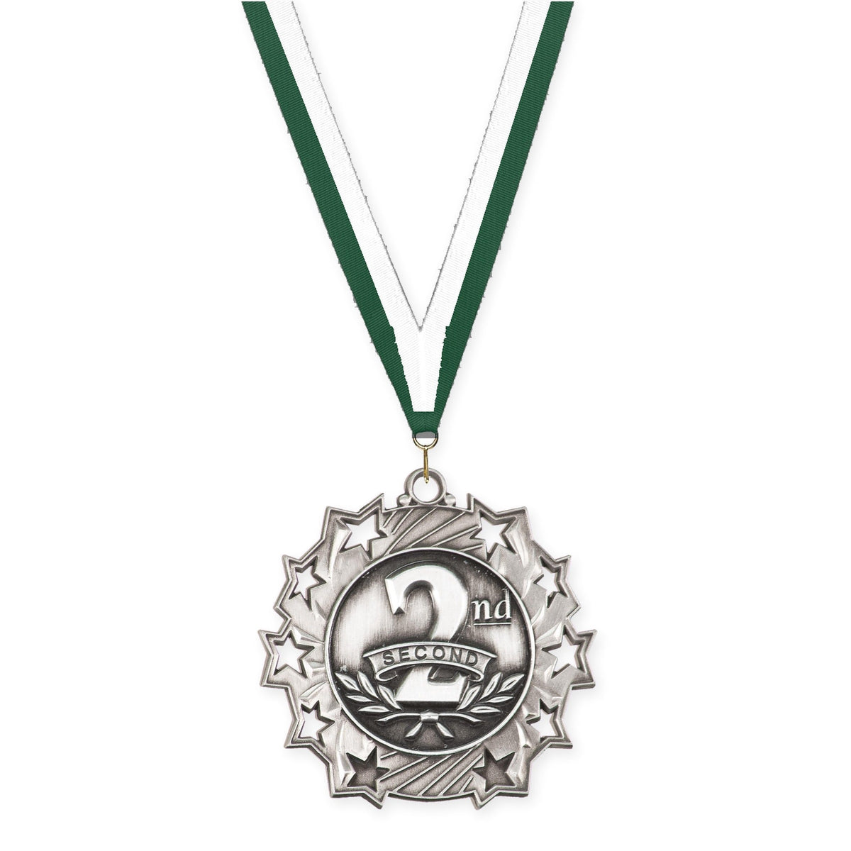 2 1/4 inch Place Ten Star medal in silver - 2nd place with Hunter Green White neck ribbon