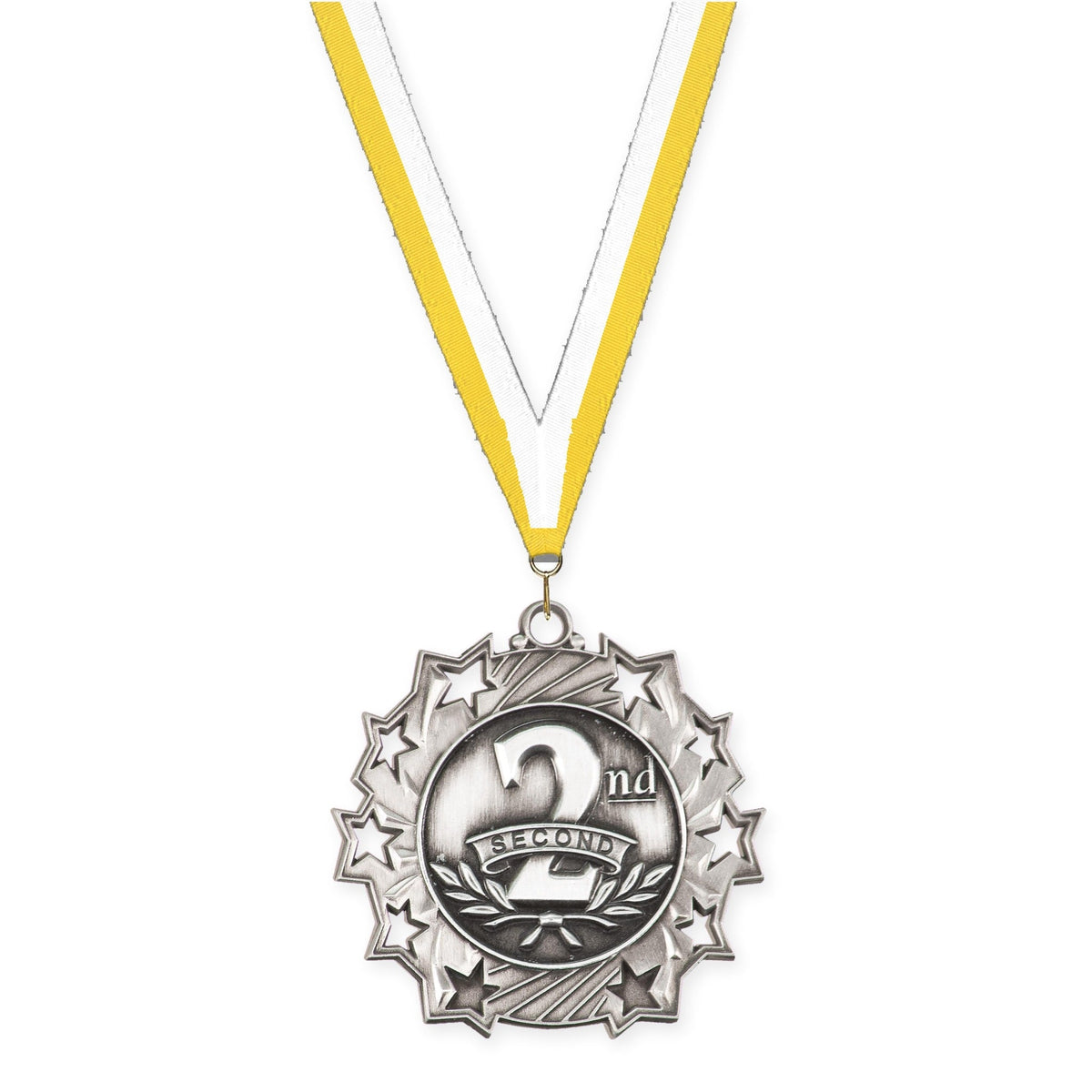 2 1/4 inch Place Ten Star medal in silver - 2nd place with Yellow White neck ribbon
