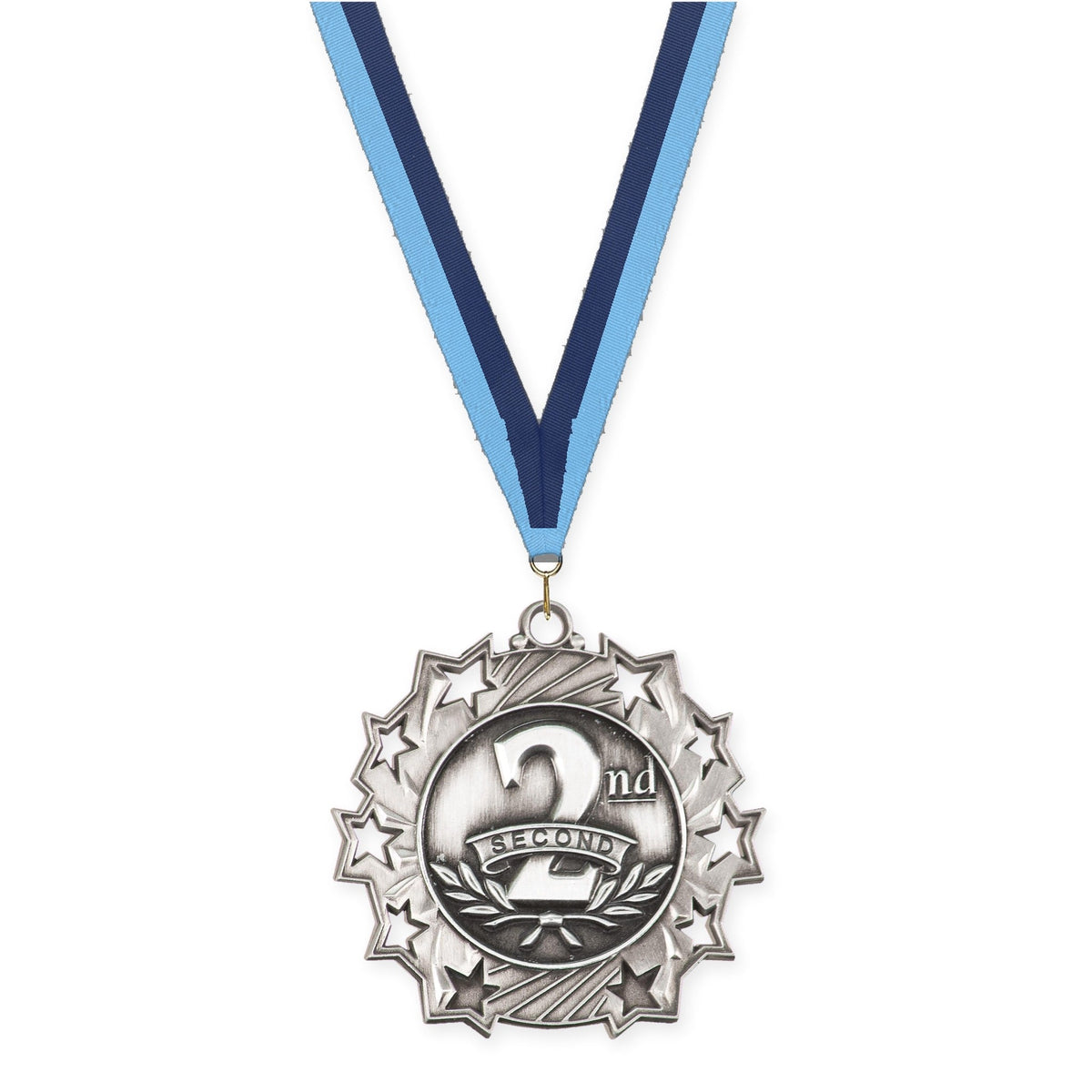 2 1/4 inch Place Ten Star medal in silver - 2nd place with Light Blue Navy neck ribbon