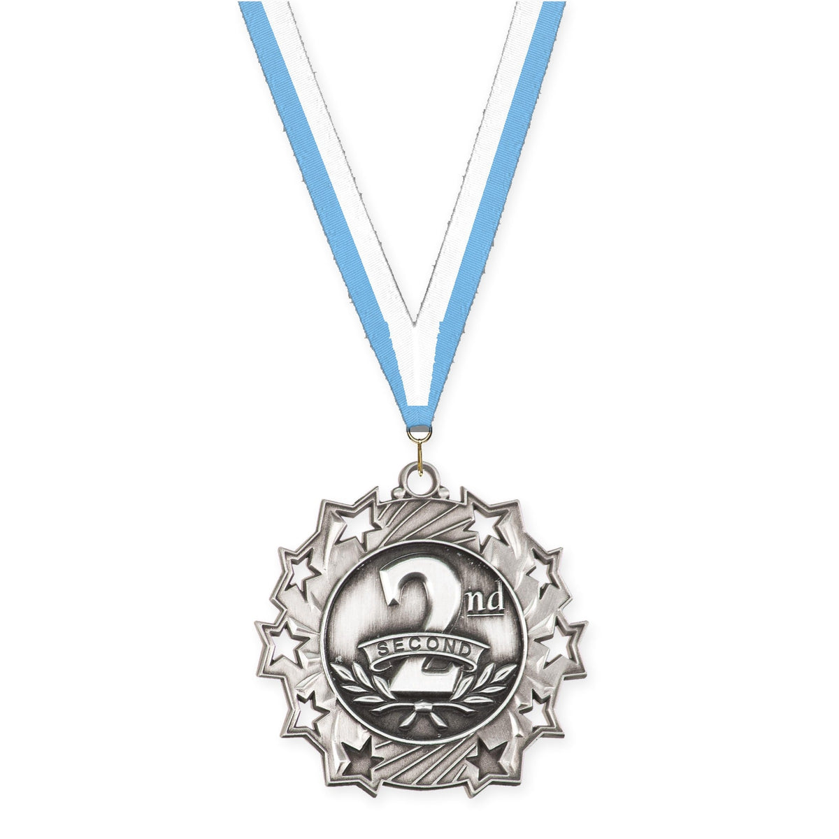 2 1/4 inch Place Ten Star medal in silver - 2nd place with Light Blue White neck ribbon