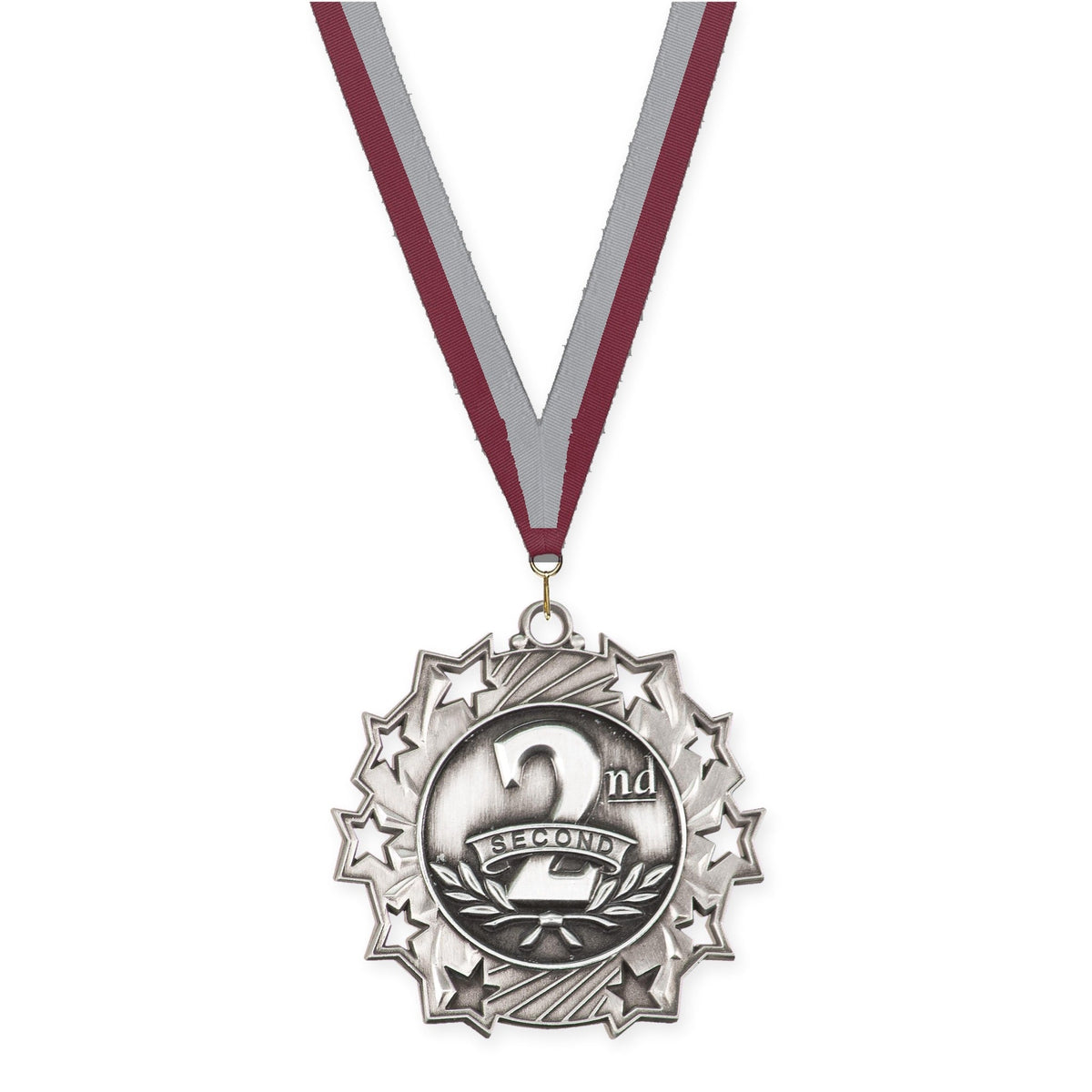 2 1/4 inch Place Ten Star medal in silver - 2nd place with Maroon Gray neck ribbon