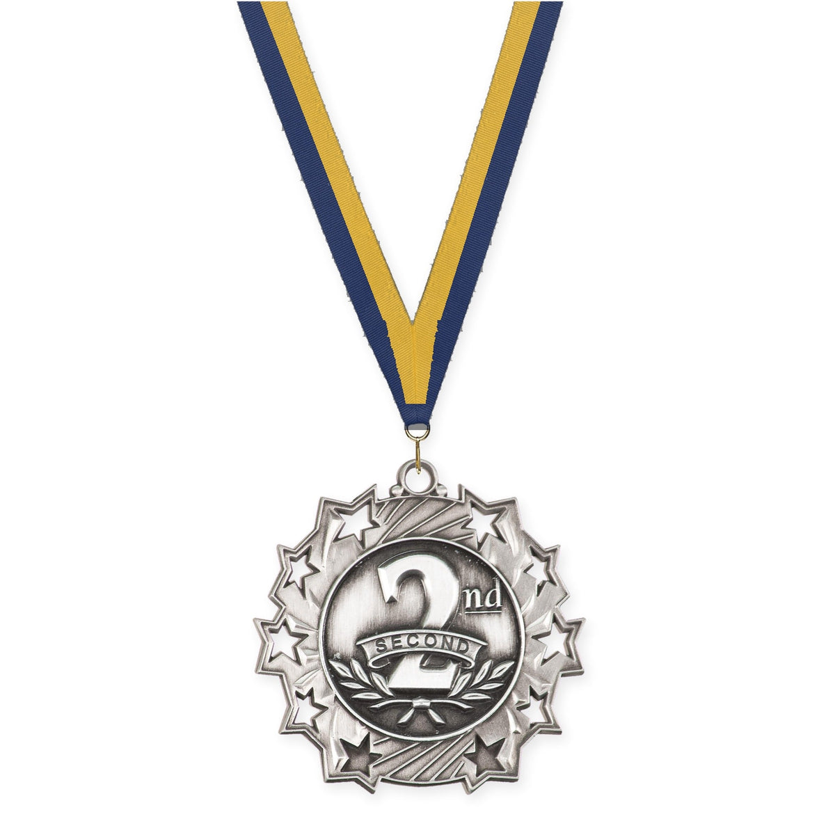 2 1/4 inch Place Ten Star medal in silver - 2nd place with Navy Gold neck ribbon
