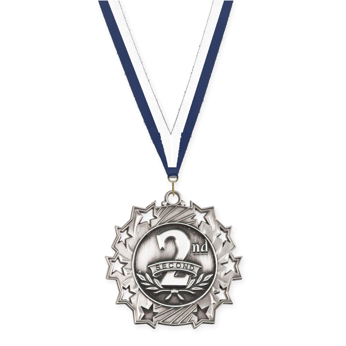 2 1/4 inch Place Ten Star medal in silver - 2nd place with Navy White neck ribbon
