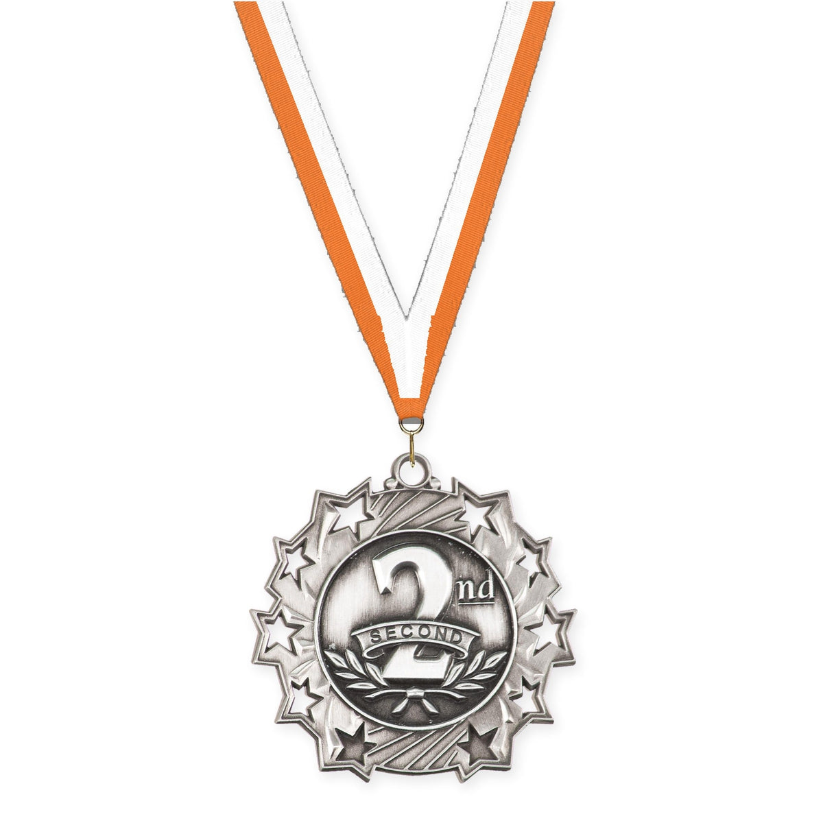 2 1/4 inch Place Ten Star medal in silver - 2nd place with Orange White neck ribbon