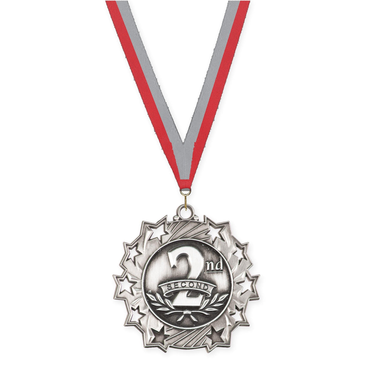 2 1/4 inch Place Ten Star medal in silver - 2nd place with Red Gray neck ribbon