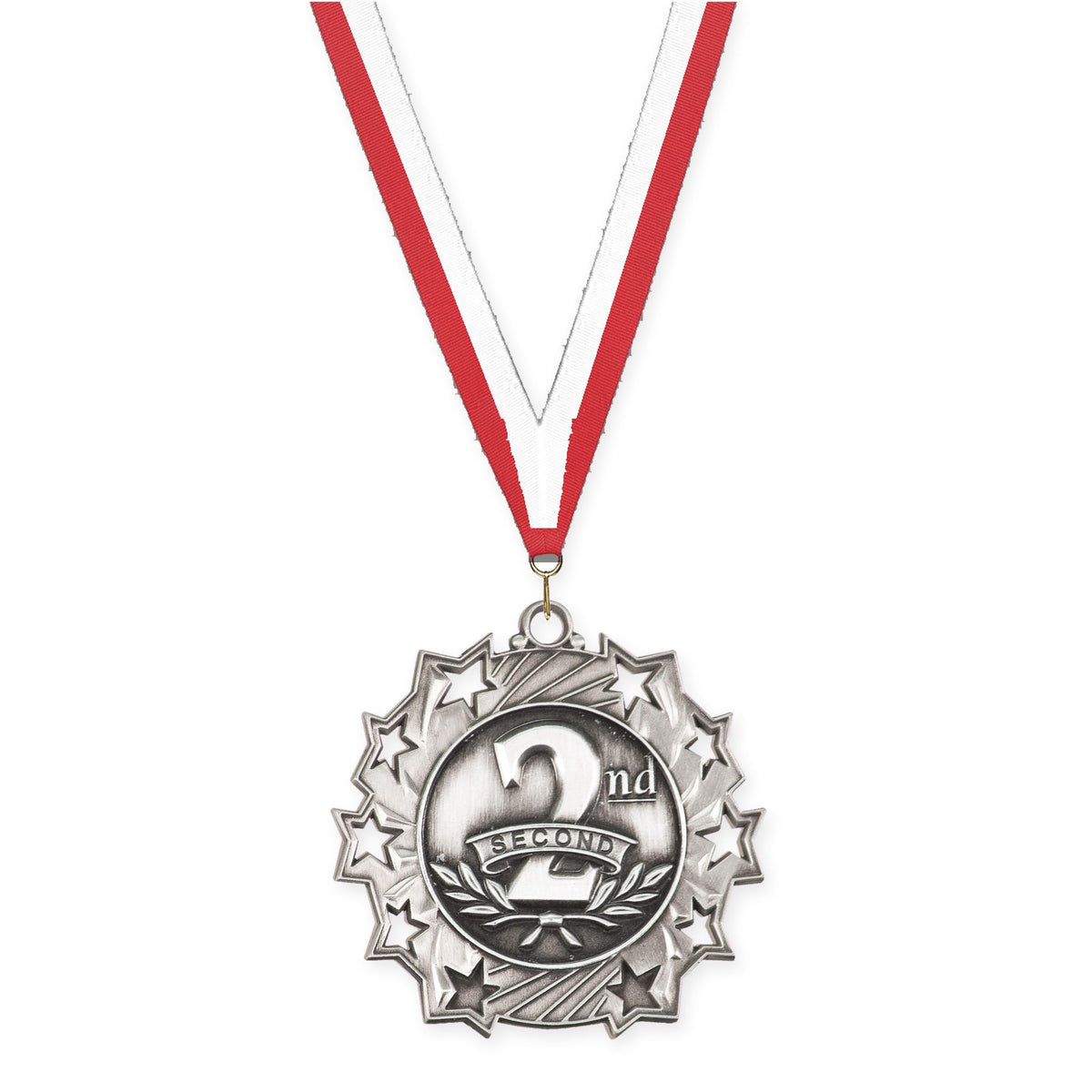 2 1/4 inch Place Ten Star medal in silver - 2nd place with Red White neck ribbon