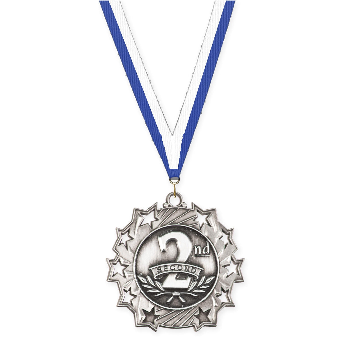 2 1/4 inch Place Ten Star medal in silver - 2nd place with Blue White neck ribbon