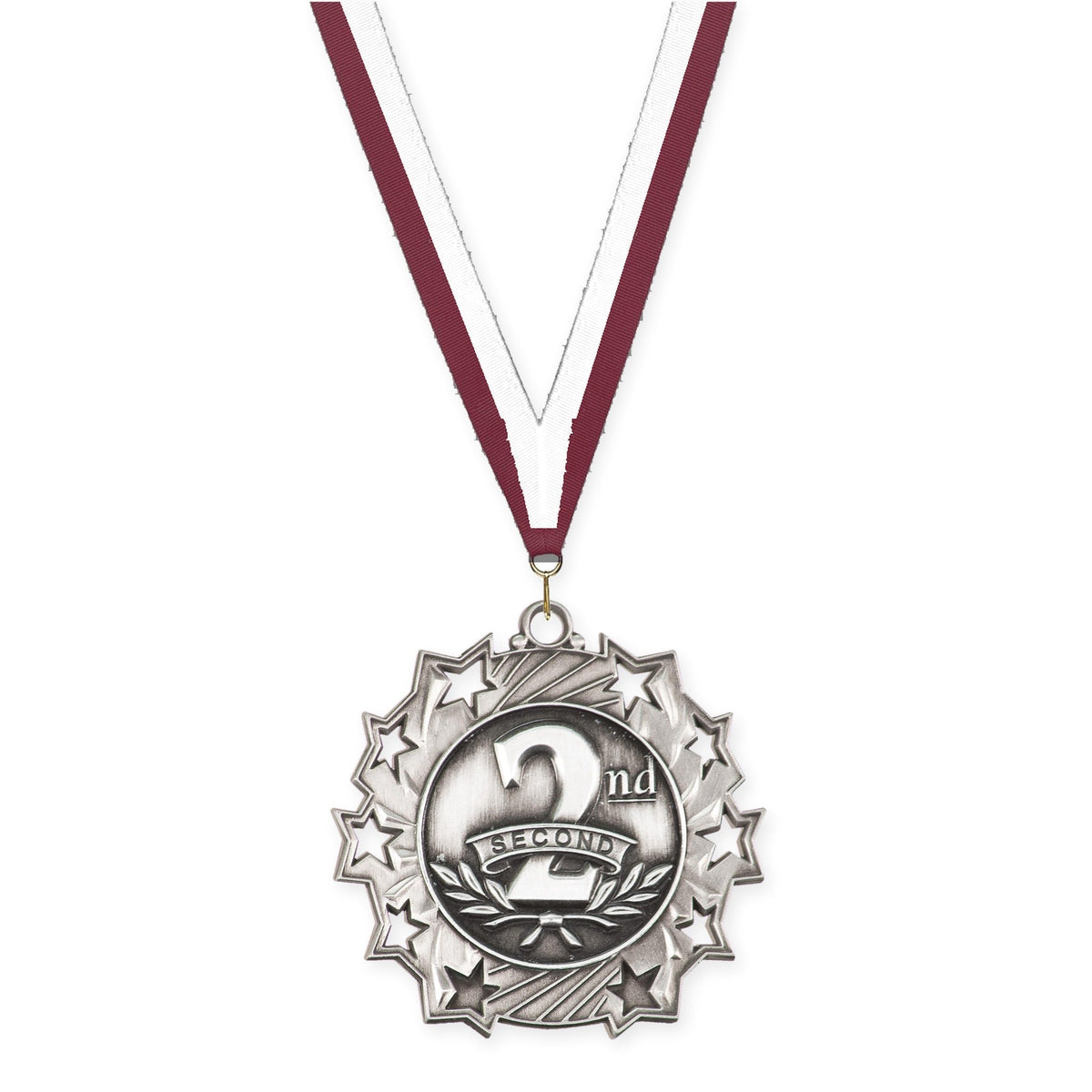 2 1/4 inch Place Ten Star medal in silver - 2nd place with Maroon White neck ribbon