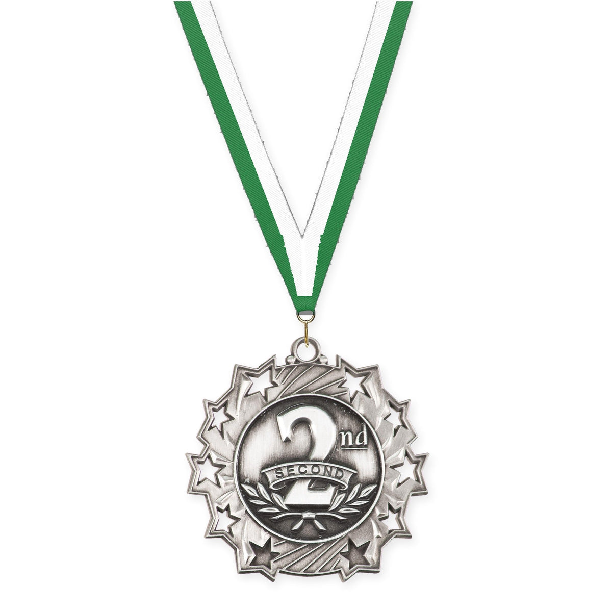 2 1/4 inch Place Ten Star medal in silver - 2nd place with Green White neck ribbon