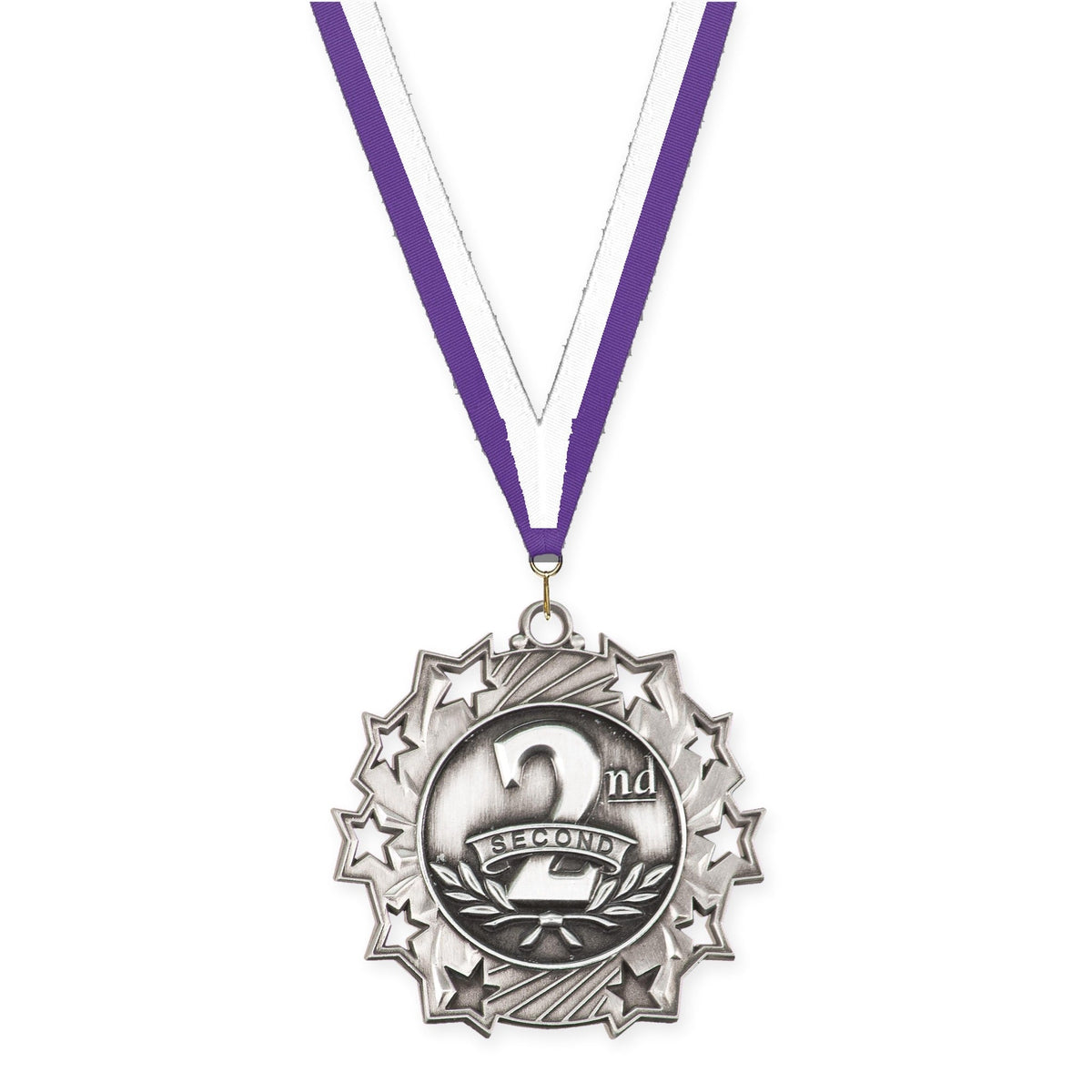 2 1/4 inch Place Ten Star medal in silver - 2nd place with Purple White neck ribbon