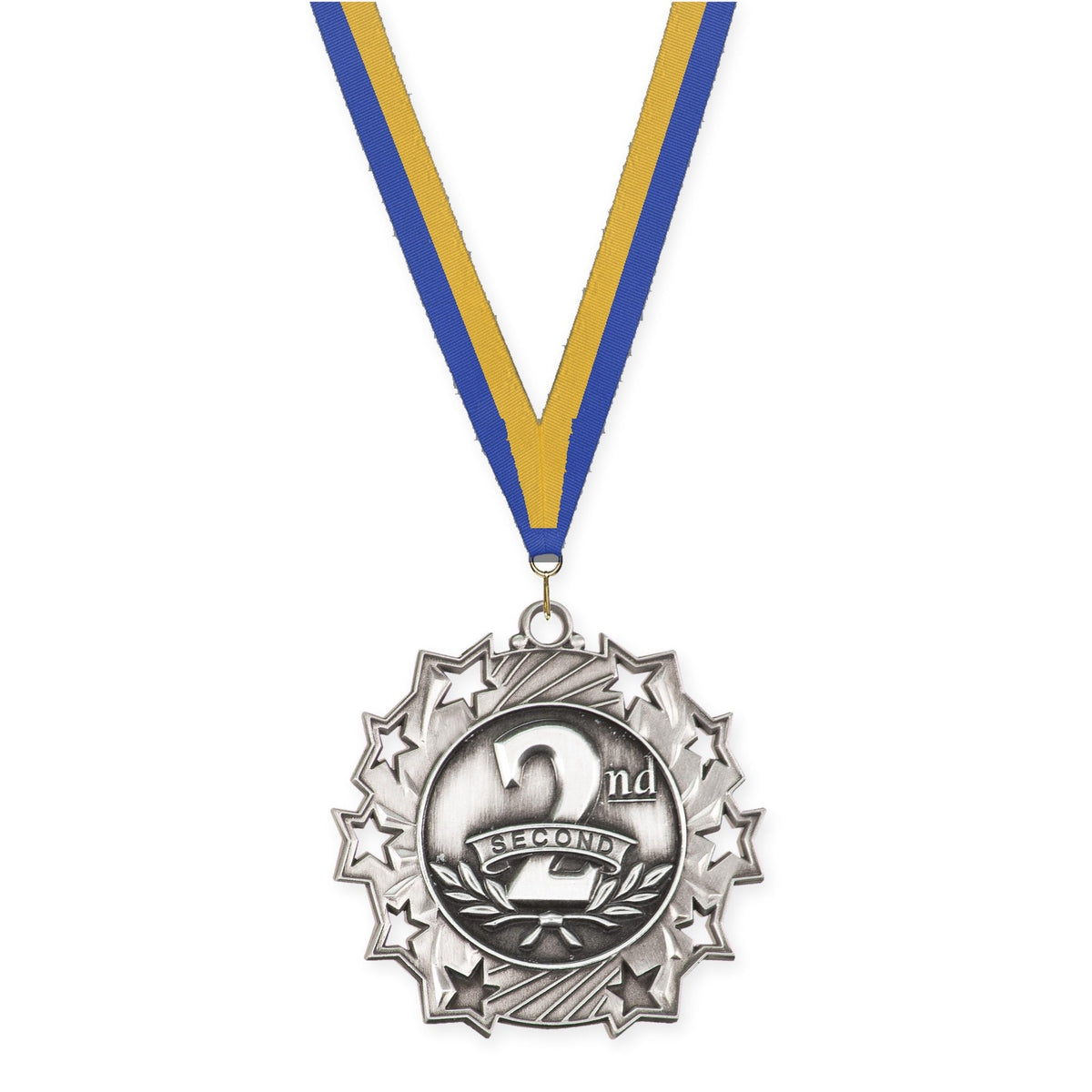 2 1/4 inch Place Ten Star medal in silver - 2nd place with Blue Gold neck ribbon