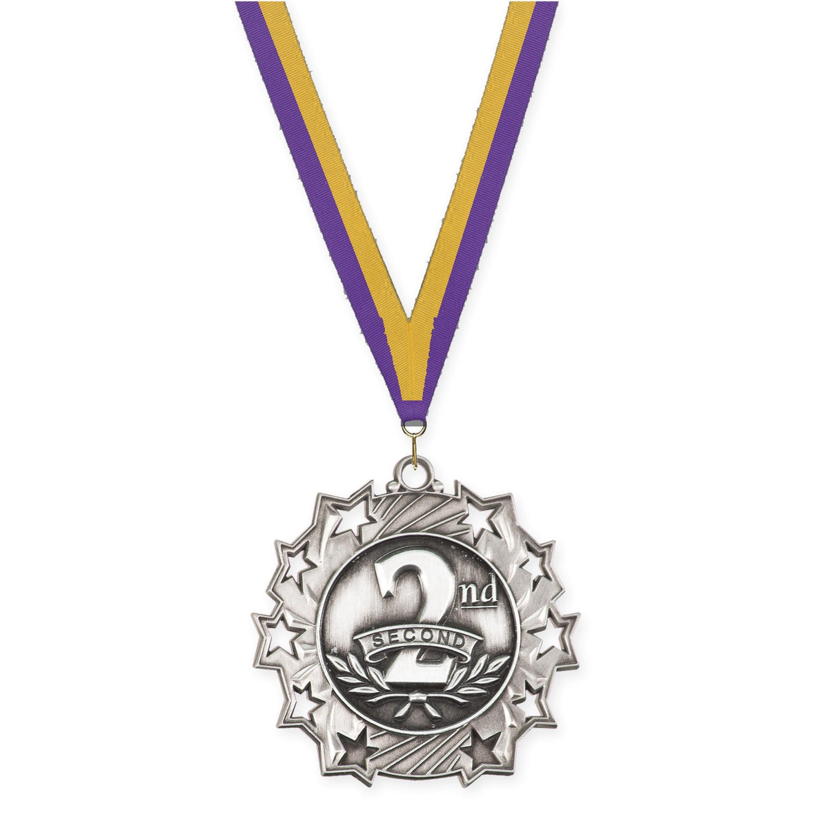 2 1/4 inch Place Ten Star medal in silver - 2nd place with Purple Gold neck ribbon