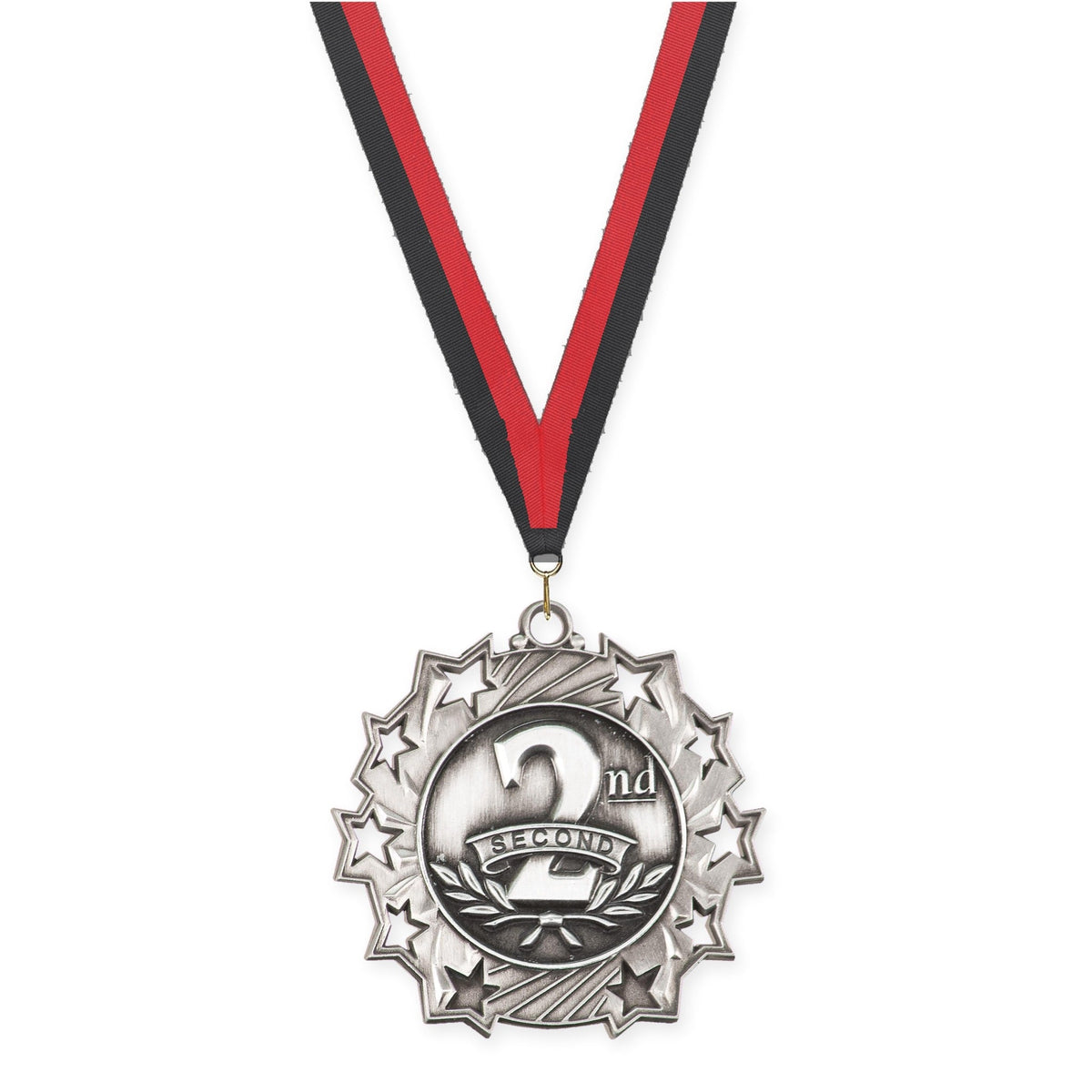 2 1/4 inch Place Ten Star medal in silver - 2nd place with Black Red neck ribbon