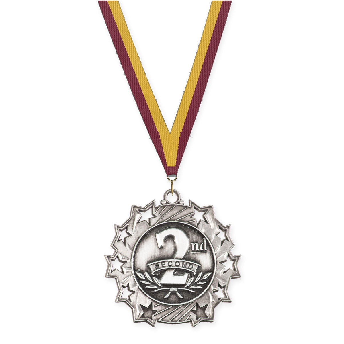 2 1/4 inch Place Ten Star medal in silver - 2nd place with Maroon Gold neck ribbon