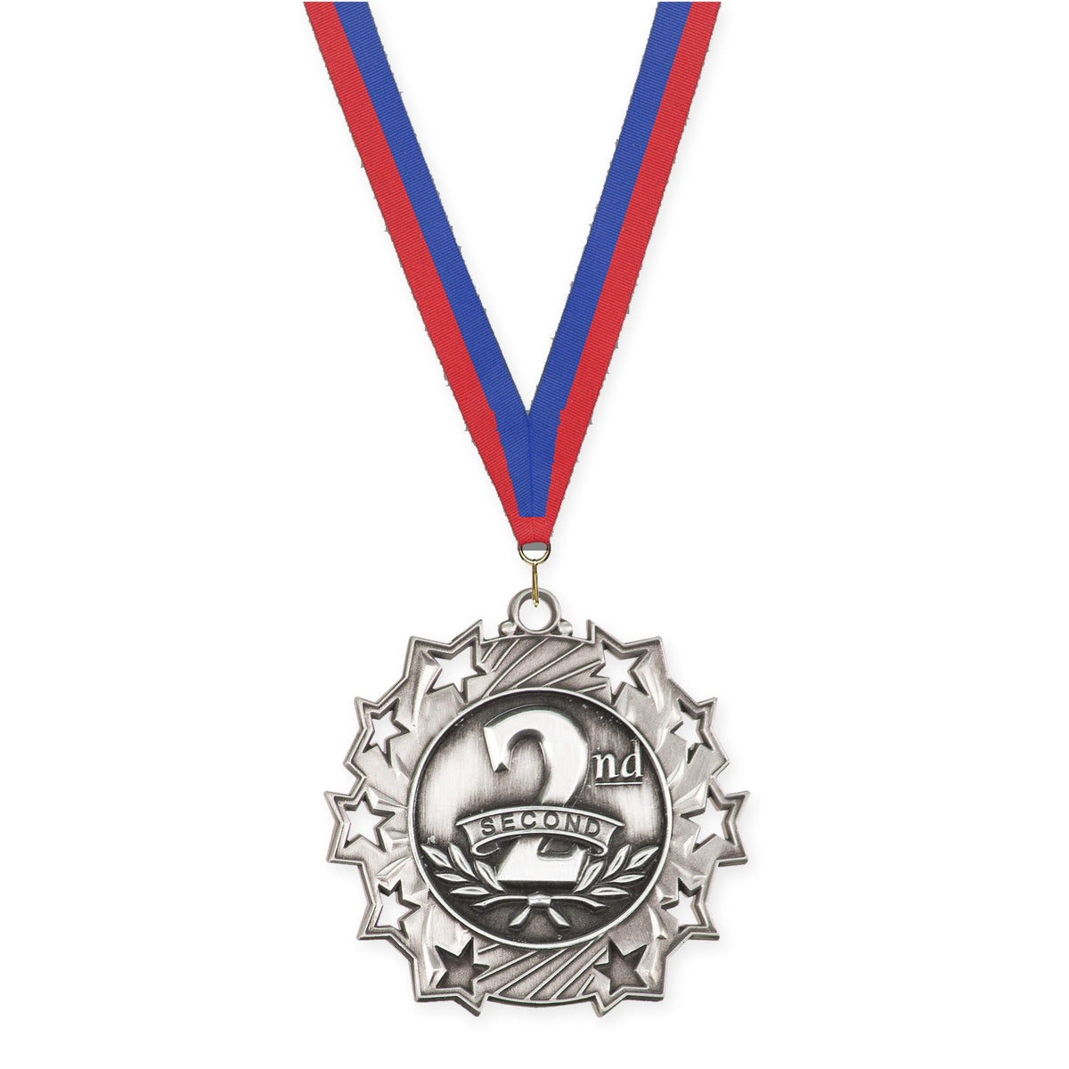 2 1/4 inch Place Ten Star medal in silver - 2nd place with Blue Red neck ribbon