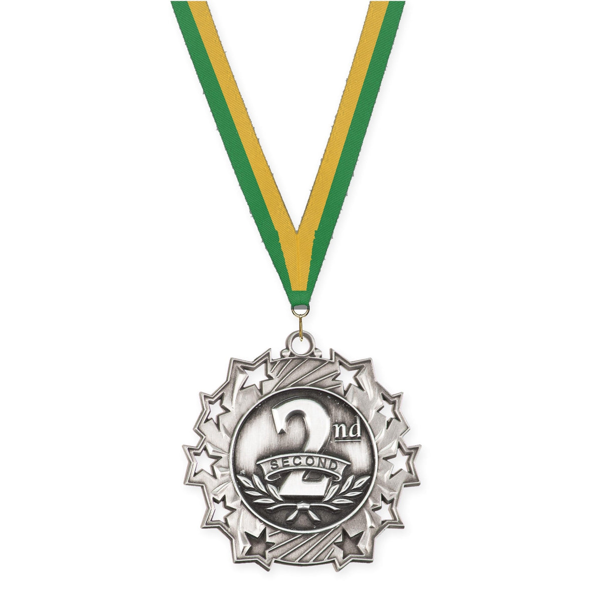 2 1/4 inch Place Ten Star medal in silver - 2nd place with Green Gold neck ribbon
