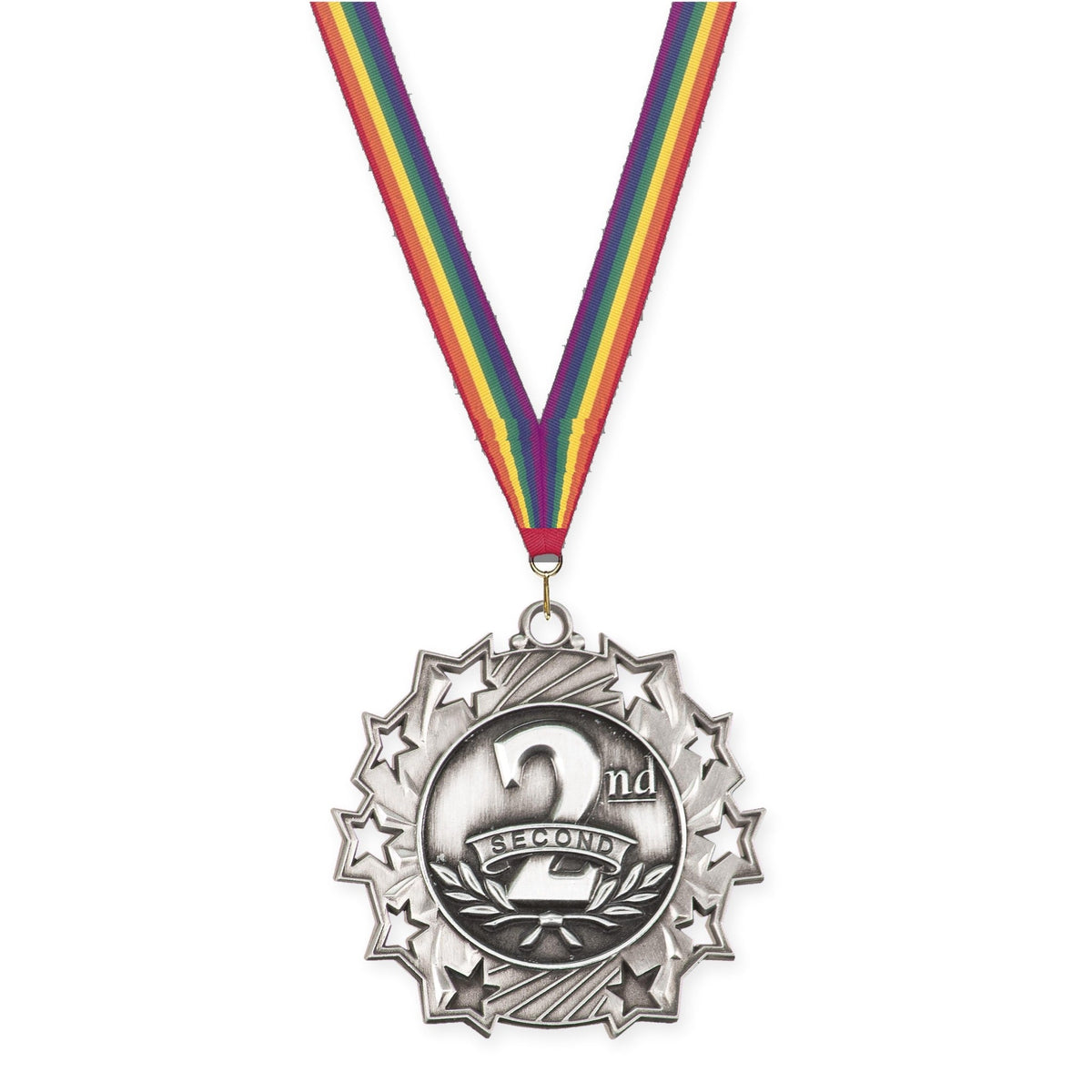 2 1/4 inch Place Ten Star medal in silver - 2nd place with Rainbow neck ribbon