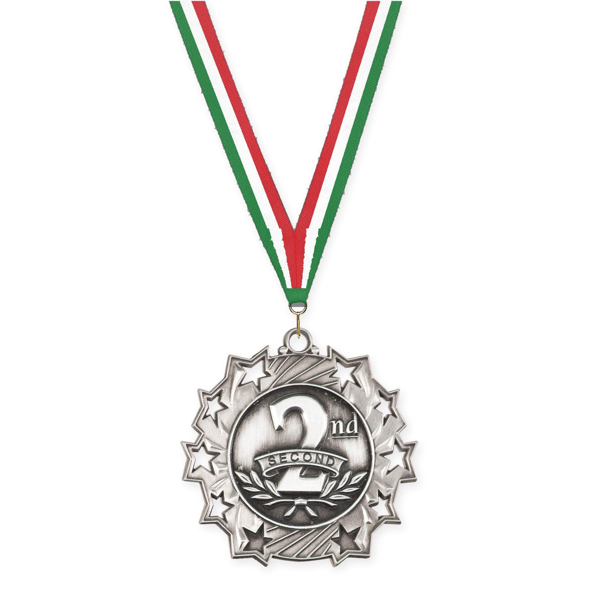2 1/4 inch Place Ten Star medal in silver - 2nd place with Green White Red neck ribbon