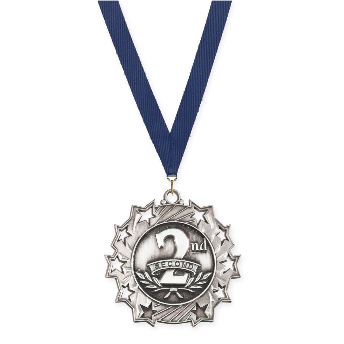 2 1/4 inch Place Ten Star medal in silver - 2nd place with Navy neck ribbon