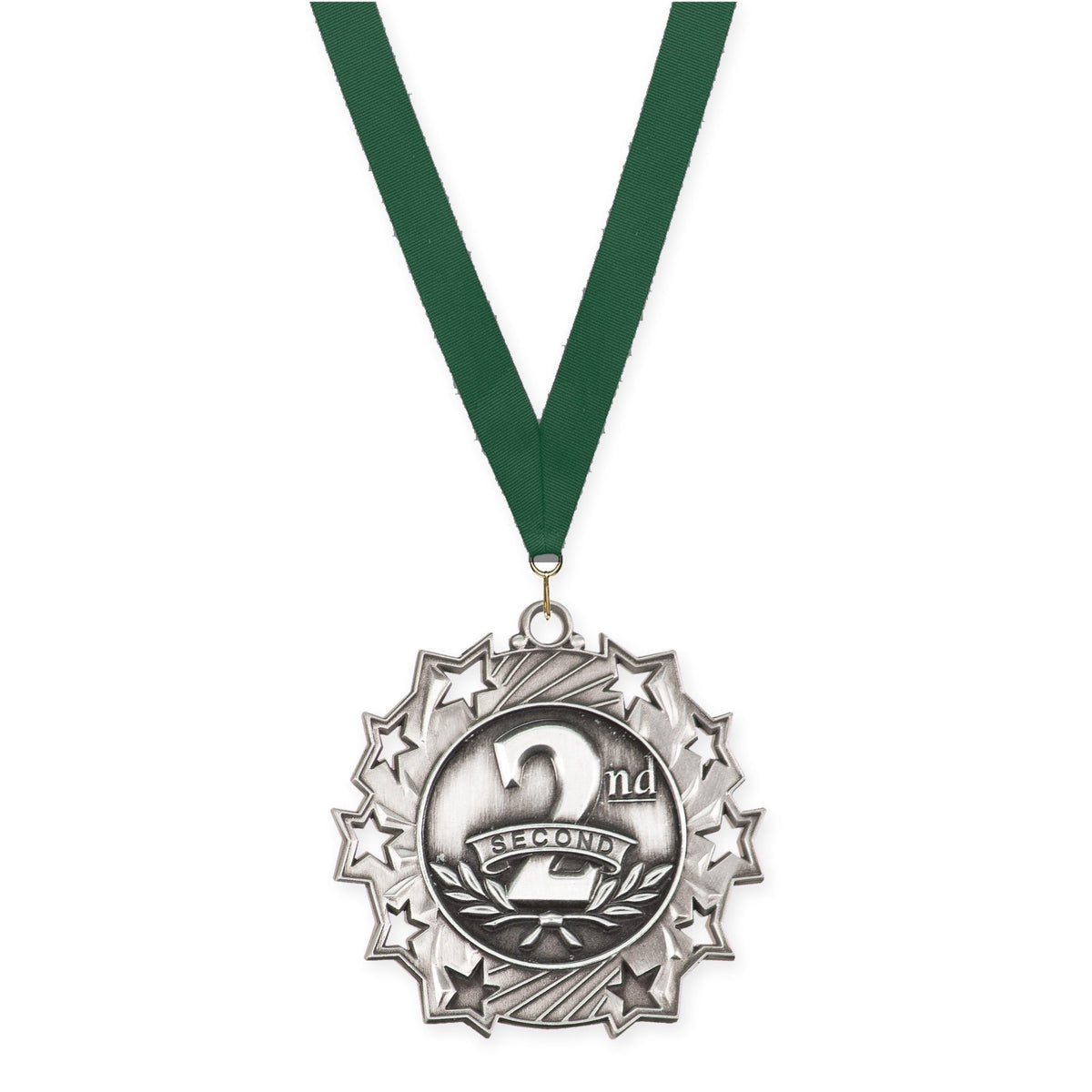 2 1/4 inch Place Ten Star medal in silver - 2nd place with Hunter Green neck ribbon