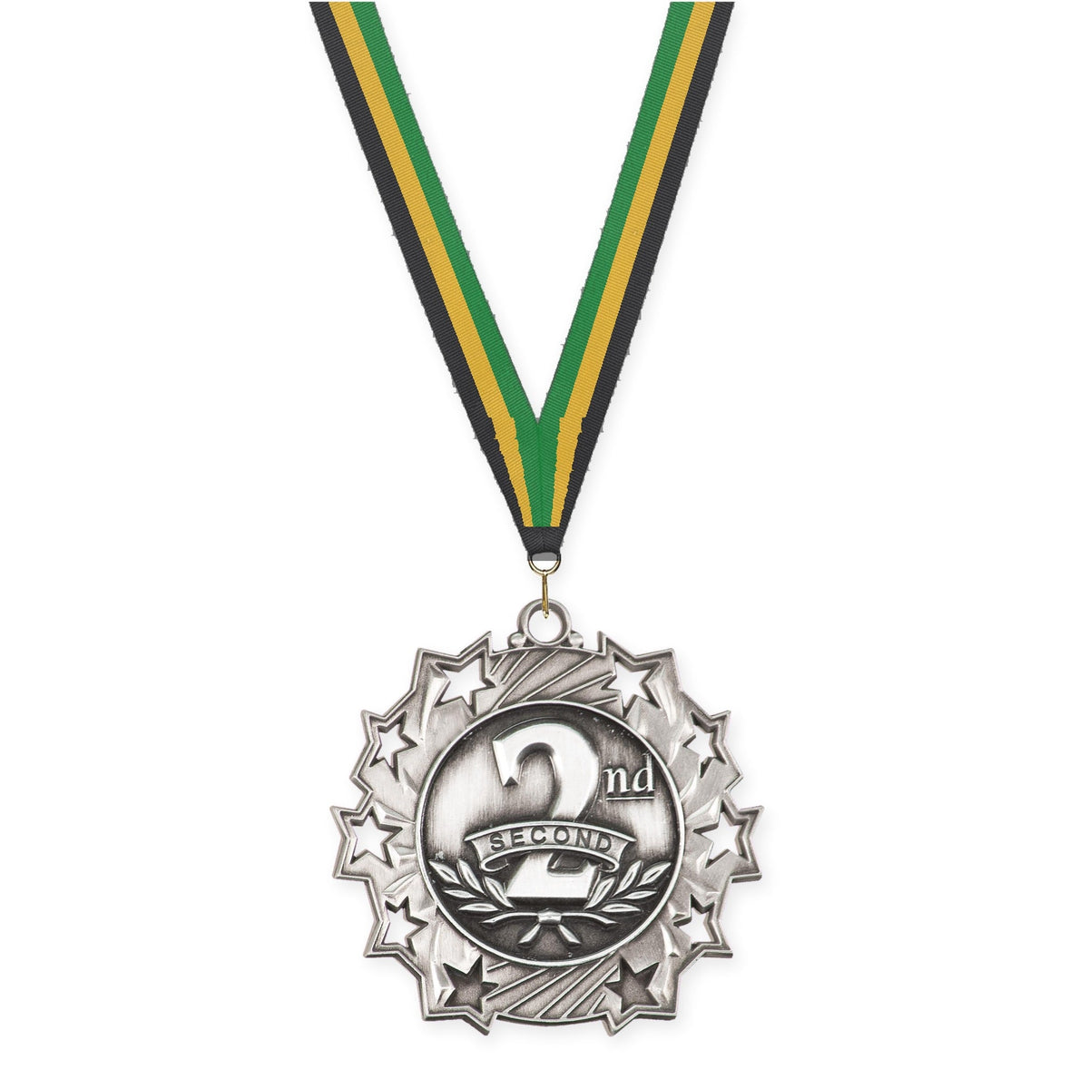 2 1/4 inch Place Ten Star medal in silver - 2nd place with Black Gold Green neck ribbon