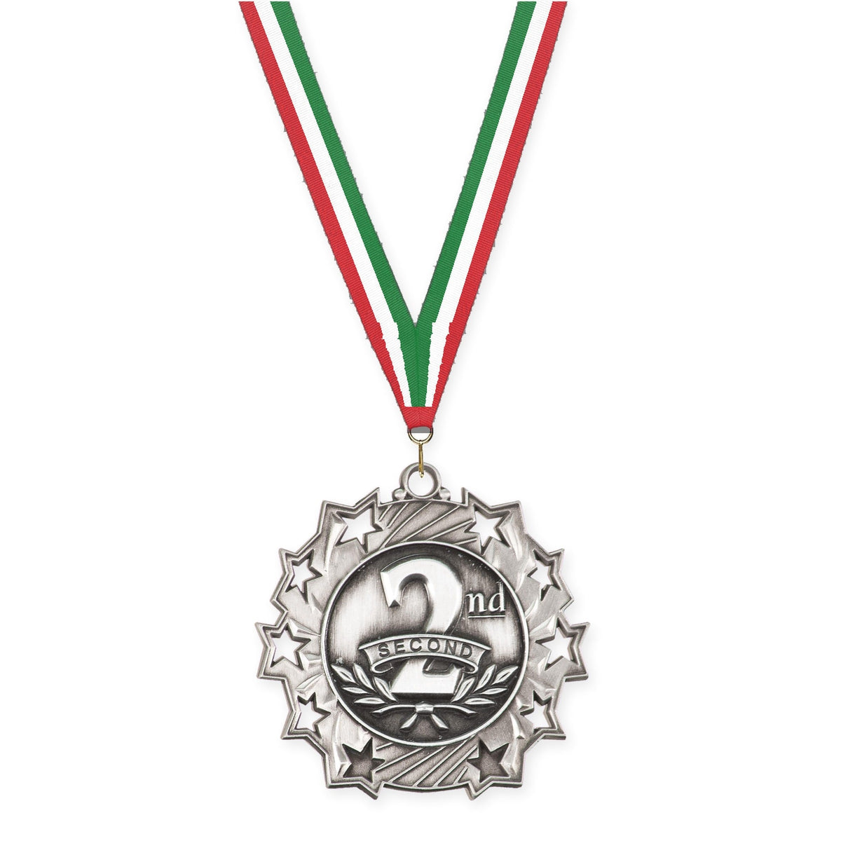 2 1/4 inch Place Ten Star medal in silver - 2nd place with Red White Green neck ribbon