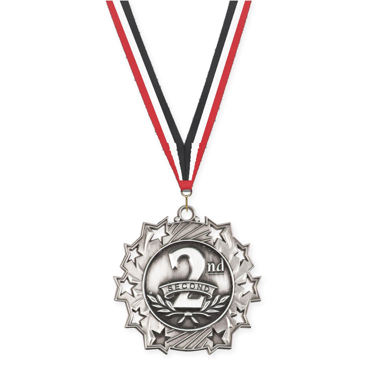 2 1/4 inch Place Ten Star medal in silver - 2nd place with Red White Black neck ribbon