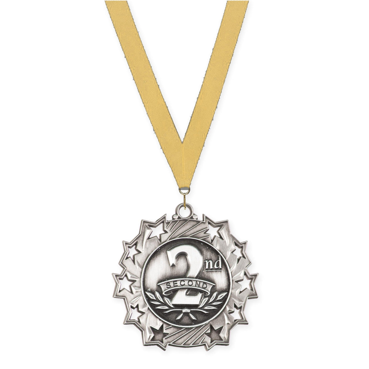 2 1/4 inch Place Ten Star medal in silver - 2nd place with Gold Metallic neck ribbon